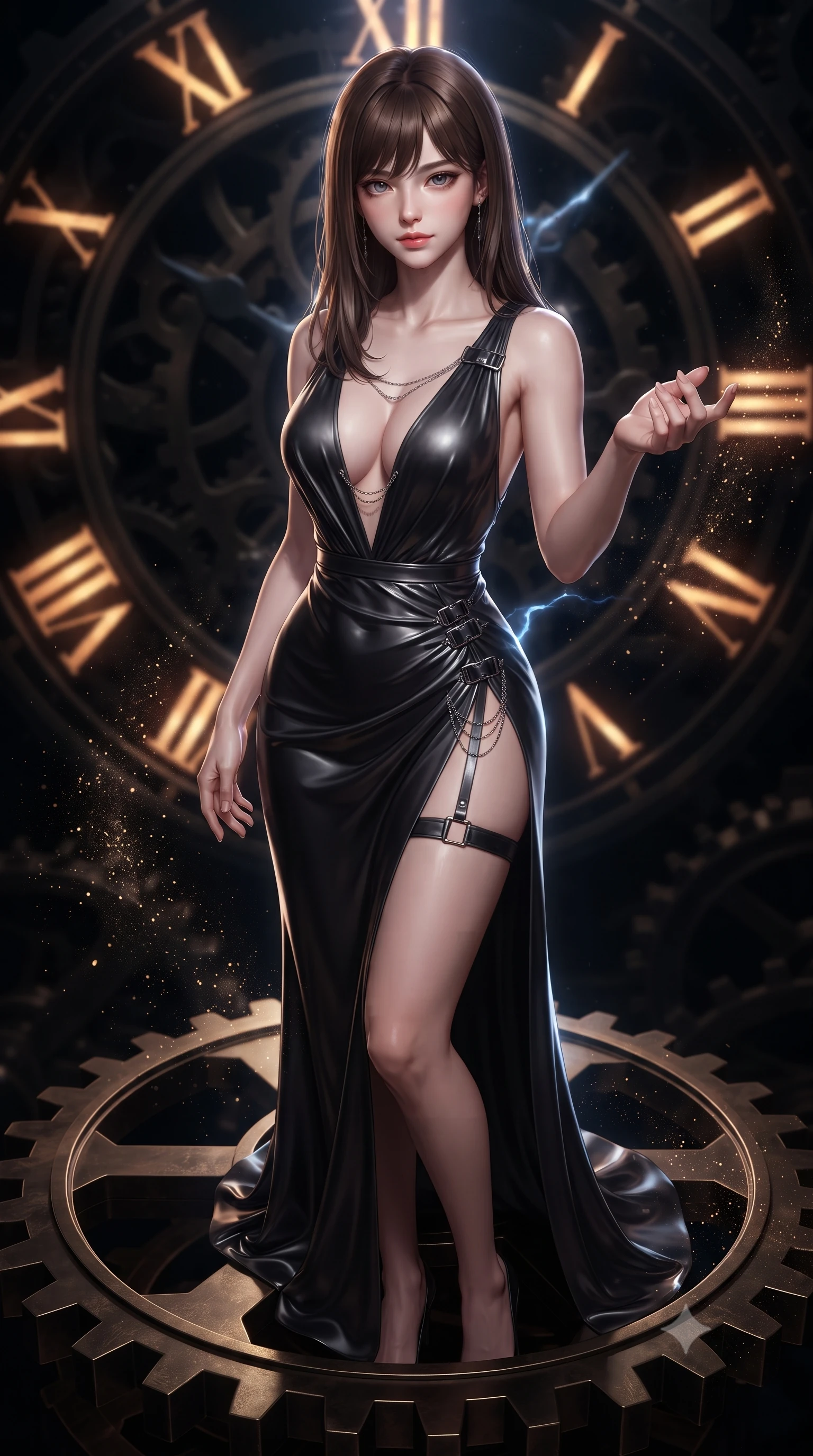 score_9, masterpiece, best quality, ultra-detailed, high-budget anime keyframe, editorial fashion photography, tasteful artistic composition, Korean woman. close-up cowboy shot from the waist and thighs up, the character dominates the composition, filling the frame with her large presence, background elements kept in soft focus. Reaching one hand toward the viewer with relaxed dark elegance, poised on a massive dark brass gear suspended over a pitch-black clockwork void, fine metallic dust glittering around dark mechanical clockwork. She has an exceptionally elegant, slender, and willowy female figure with an ultra-slim waist, a gracefully sculpted slender torso, and a refined silhouette. sharp v-shaped jawline, high-bridge nose, intricate jewel-like eyes with depth, thick eyelashes, glossy lips with a natural sheen. wearing deep plunging V-neckline midnight gown with daring high thigh slit in smoky pitch black, made of liquid dark mercury jersey, framed by dark titanium buckles and silver chain details, highlighting her statuesque proportions and ultra-slim waistline. illuminated by glowing amber Roman numerals and dramatic lightning rim light. highly saturated vibrant anime colors, detailed shading with soft gradients, rich glossy textures, high-contrast stereoscopic depth, volumetric dynamic lighting, master piece, 9:16 ratio