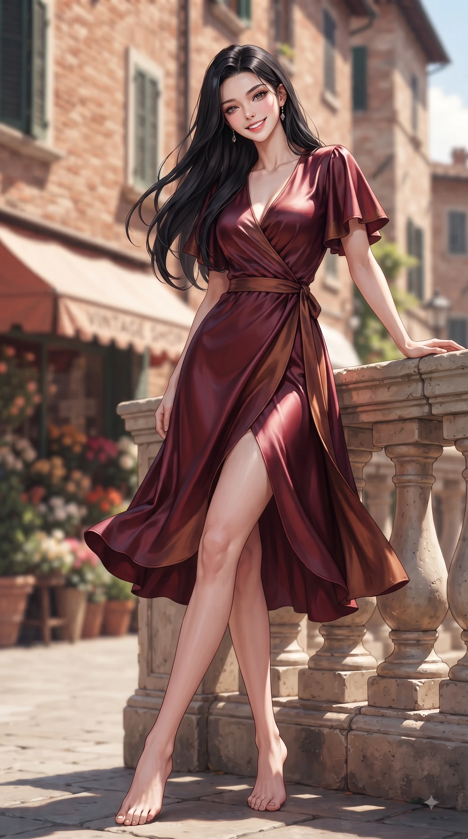score_9, masterpiece, best quality, ultra-detailed, high-budget anime keyframe, editorial fashion photography, tasteful artistic composition, Korean woman. low angle full-body shot from head to toe showing her feet, filling the entire 9:16 vertical frame with her statuesque presence, stretching her vertical silhouette. pivoting dynamically with a fresh infectious smile, her ultra-slim waist creating a sweeping fluid curve while leaning against a sunlit stone balustrade overlooking a picturesque old town view. The composition keeps background elements in soft focus with dreamy bokeh. terracotta brick facades and vintage flower shop awnings blurred into creamy background bokeh. She has an absolutely perfect, statuesque 8.5-heads proportion, an exceptionally tall and slender model-like female figure with impossibly long slender legs and an ultra-slim waist. sharp v-shaped jawline, high-bridge nose, intricate jewel-like eyes with depth, thick eyelashes, glossy lips with a natural sheen, flawlessly proportioned anatomical accuracy, natural body alignment, perfectly sculpted elegant limbs, clean dynamic posture without body distortion. wearing an elegant V-neck silk wrap dress with fluttery short sleeves and a cinched waist in deep burgundy red and bronze accent, crafted from smooth liquid silk satin, accented with a Tasteful chest slit framing her clavicle gracefully, the tailored fabric tightly following every curve of her athletic build. illuminated by clear sky refractions and vibrant specular highlights. ultra-reflective glossy finish, specular highlights, metallic sheen, high-contrast stereoscopic depth, volumetric dynamic lighting, 2k, ultra detail, master piece, 9:16 ratio