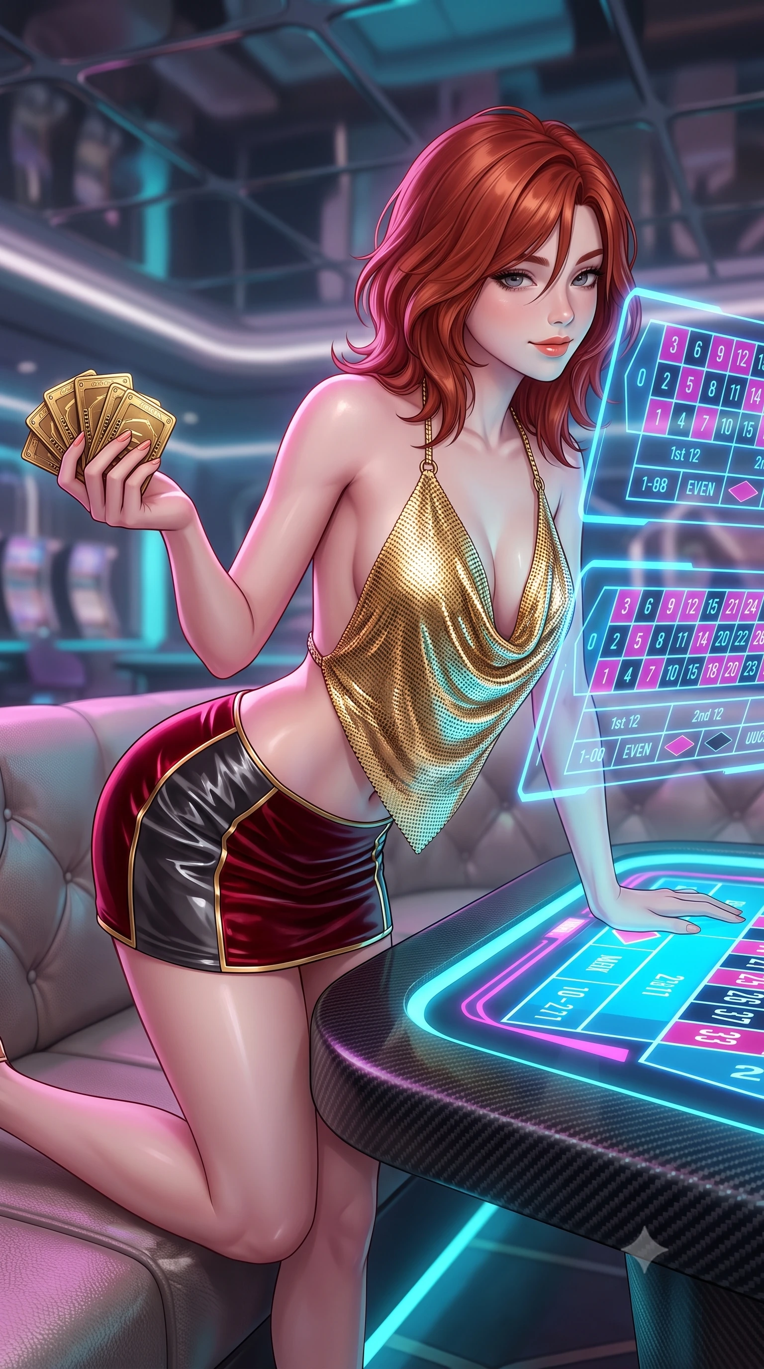 score_9, masterpiece, best quality, ultra-detailed, high-budget anime keyframe, semi-realistic 3D game render, editorial fashion photography, tasteful artistic composition, Korean woman. close-up cowboy shot from the waist and thighs up, the character dominates the composition, filling the frame with her large presence. perched sideways on the lounge seat, one knee drawn up to showcase her slender leg line while her arched back accentuates her feminine hip curve while leaning over the sleek carbon table edge with hips cocked back, looking through floating neon betting grids with an irresistible bedroom-smile. The background shows a soft-focus mirrored ceiling panels softened in futuristic cyberpunk shallow focus. She has an exceptionally elegant, slender, and willowy female figure with an ultra-slim waist, flat toned midriff, narrow ribcage, and sculpted feminine hips creating an alluring, slim hourglass silhouette without bulk. sharp v-shaped jawline, high-bridge nose, sparkling eyes with hypnotic seductive depth, thick curled eyelashes, glossy parted lips with a natural dewy peach sheen, alluring bedroom-eyes with an enchanting coquettish smile, exuding magnetic siren charisma and sophisticated glamour, flawlessly proportioned anatomical accuracy, strict slender model proportions, natural body alignment, perfectly sculpted long slender limbs, ultra-slim waistline, clean dynamic posture without body distortion. wearing a plunging cowl-neck liquid gold chainmail halter top paired with an ultra-low-rise velvet mini skirt and side rhinestone ties in rich cherry lacquer and smoky charcoal with gold piping, crafted from wet-look high-gloss vinyl fabric with dazzling specular surface reflections, accented with a stack of engraved gold casino plaques held loosely in one hand, the precision-cut side openings and low-back scoop framing her graceful spine and the sensual sweep of her slim, toned hips. bathed in vibrant cyan and magenta light radiating directly from embedded table displays. highly saturated vibrant anime colors, detailed shading with soft gradients, rich glossy textures, high-contrast stereoscopic depth, volumetric dynamic lighting, master piece, 9:16 ratio
