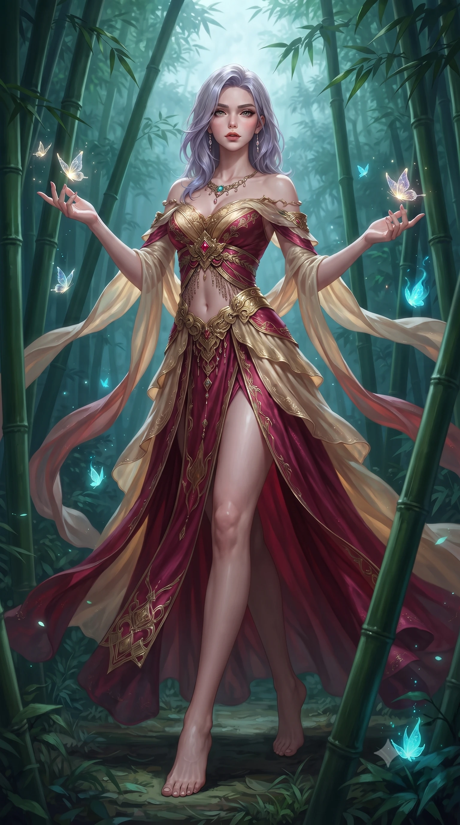 score_9, masterpiece, best quality, ultra-detailed, high-budget anime keyframe, editorial fashion photography, tasteful artistic composition, Caucasian woman. low angle full-body shot from head to toe showing her feet, filling the entire 9:16 vertical frame with her statuesque presence, stretching her vertical silhouette. striding forward in a proud, dynamic supermodel runway stride, her statuesque vertical silhouette commanding the entire frame while pivoting gracefully around towering green bamboo stalks as ethereal glowing butterflies dance around her fingertips. The surrounding environment is rendered in vivid detail and crisp panoramic clarity. deep mystical forest chiaroscuro and sacred woodland spirit sanctuary aesthetics rendered in precision. She has an absolutely perfect, statuesque 8.5-heads proportion, an exceptionally tall and slender model-like female figure with impossibly long slender legs, a toned flat midriff, and an ultra-slim waist. sharp v-shaped jawline, high-bridge nose, intricate jewel-like eyes with depth, thick eyelashes, glossy lips with a natural sheen, captivating and magnetic expression, flawlessly proportioned anatomical accuracy, strict slender model proportions, natural body alignment, perfectly sculpted long slender limbs, ultra-slim waistline, clean dynamic posture without body distortion. wearing a celestial lotus-inspired layered chiffon gown with an exposed clavicle bodice in imperial gold and deep crimson silk, woven from fine mulberry silk with metallic thread embroidery, complemented by long flowing silk arm ribbons that float weightlessly in the air, the form-contouring material adhering flawlessly to her sculpted flat midriff and slender torso, emphasizing her long leg lines and perfectly proportioned willowy build. bathed in magical cyan spirit flame luminescence and soft moonlit fog fill. ultra-reflective glossy finish, specular highlights, rich textural contrasts, high-contrast stereoscopic depth, volumetric dynamic lighting, 2k, ultra detail, master piece, 9:16 ratio