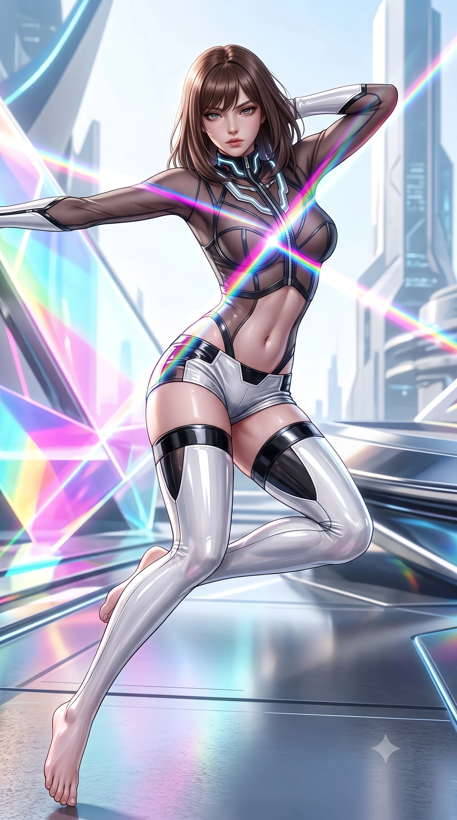 score_9, masterpiece, best quality, ultra-detailed, high-budget anime keyframe, semi-realistic 3D game render, editorial fashion photography, tasteful artistic composition, Korean woman. low angle full-body shot from head to toe showing her feet, filling the entire 9:16 vertical frame with her statuesque presence, stretching her vertical silhouette. performing an alluring mid-air vault with flawless poise, looking directly into the camera with smoldering intensity while twisting her upper body in a dynamic S-curve as brilliant magenta, cyan, and yellow prism beams cross her chest. The surrounding environment is rendered in vivid detail and crisp panoramic clarity. vivid high-saturation spectrum colors and high-key white daylight rendered with environmental sharpness. She has an absolutely perfect, statuesque 8.5-heads proportion, an exceptionally tall and slender model-like female figure with impossibly long slender legs, a toned flat midriff, and an ultra-slim waist. sharp v-shaped jawline, high-bridge nose, intricate jewel-like eyes with depth, thick eyelashes, glossy lips with a natural sheen, flawlessly proportioned anatomical accuracy, strict slender model proportions, natural body alignment, perfectly sculpted long slender limbs, ultra-slim waistline, clean dynamic posture without body distortion. wearing a delicate see-through dark mesh top with structured cup boning, paired with high-cut micro-shorts and thigh-high stockings in high-gloss monochrome white and sharp black contrast, tailored from semi-translucent cybernetic vinyl with glowing micro-filaments, featuring a dangerously unzipped neckline framed by glowing cybernetic accents, the glove-like aerodynamic second-skin fit tightly clinging to her ultra-slender waist and athletic curves without adding bulk, accentuating her razor-sharp statuesque lines and slim hourglass silhouette. surrounded by a hyper-creative, radiant, and fiercely chic modern fashion editorial aura. highly saturated vibrant anime colors, detailed shading with soft gradients, rich glossy textures, high-contrast stereoscopic depth, volumetric dynamic lighting, master piece, 9:16 ratio