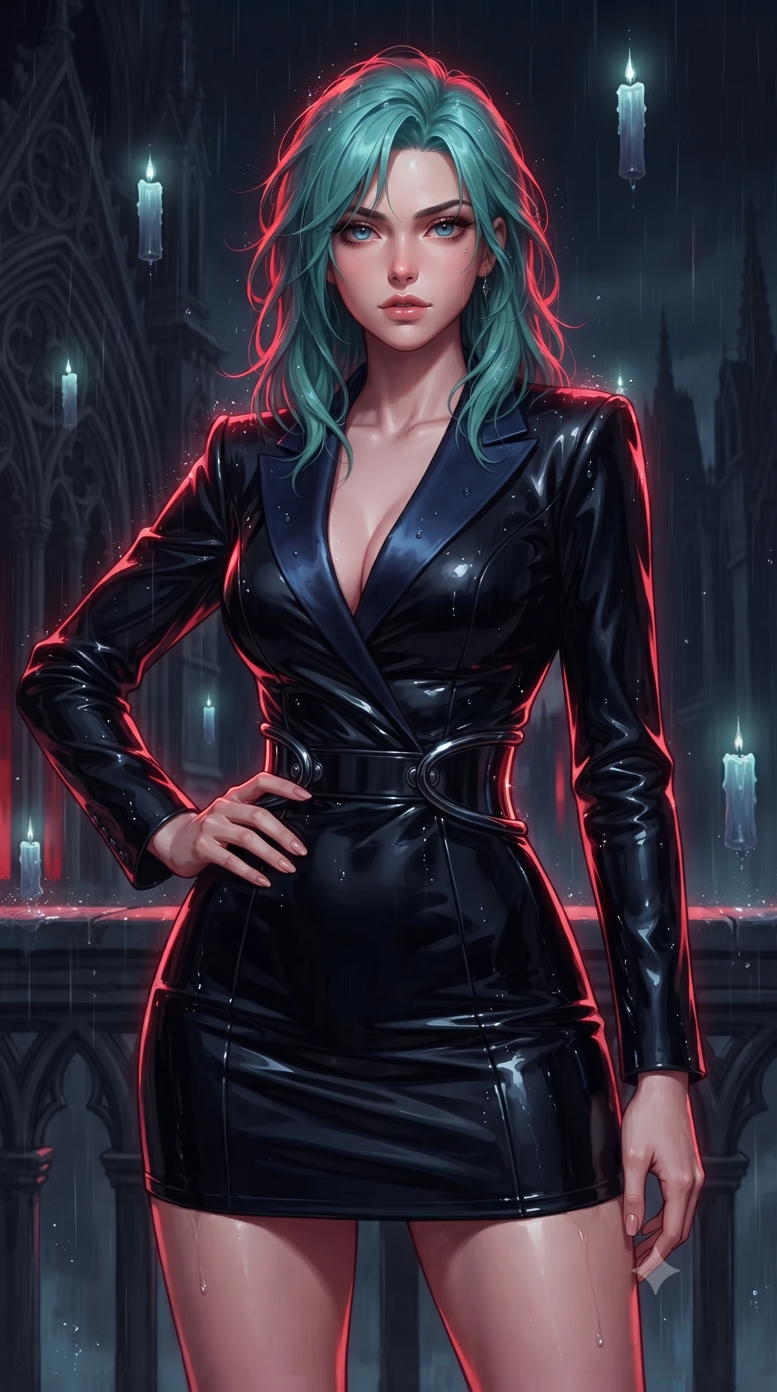 score_9, masterpiece, best quality, ultra-detailed, high-budget anime keyframe, editorial fashion photography, tasteful artistic composition, Japanese woman. close-up cowboy shot from the waist and thighs up, the character dominates the composition, filling the frame with her large presence, background elements kept in soft focus. Holding a confident power pose with one hand on her hip, navigating a rain-slicked dark cathedral balcony with floating cybernetic candles, cold rain droplets sparkling like diamonds against her dark attire. She has an exceptionally elegant, slender, and willowy female figure with an ultra-slim waist, a gracefully sculpted slender torso, and a refined silhouette. sharp v-shaped jawline, high-bridge nose, intricate jewel-like eyes with depth, thick eyelashes, glossy lips with a natural sheen. wearing tailored onyx black tux dress with silk lapels and fitted waist in midnight navy blue, made of high-gloss liquid vinyl, accented with sculpted obsidian chrome rings at the waist, sculpting her athletic slender build with refined precision. bathed in sharp crimson laser rim light piercing cold midnight shadows. highly saturated vibrant anime colors, detailed shading with soft gradients, rich glossy textures, high-contrast stereoscopic depth, volumetric dynamic lighting, master piece, 9:16 ratio