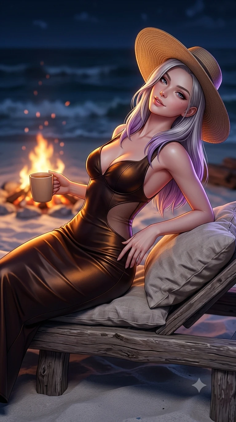 score_9, masterpiece, best quality, ultra-detailed, high-budget anime keyframe, semi-realistic 3D game render, editorial fashion photography, tasteful artistic composition, Caucasian woman. close-up cowboy shot from the waist and thighs up, the character dominates the composition, filling the frame with her large presence. arching her spine backward with effortless dancer poise, one hand sliding along her hip line as directional light carves specular highlights along her silhouette while lounging languidly across a low driftwood bench cushioned with linen pillows, holding a warm mug while gazing into the camera with bedroom-eyes. The background shows a soft-focus romantic beach campfire atmosphere softened in midnight shoreline shallow focus. She has an exceptionally elegant, slender, and willowy female figure with an ultra-slim waist, flat toned midriff, narrow ribcage, and sculpted feminine hips creating an alluring, slim hourglass silhouette without bulk. sharp v-shaped jawline, high-bridge nose, sparkling eyes with hypnotic seductive depth, thick curled eyelashes, glossy parted lips with a natural dewy peach sheen, alluring bedroom-eyes with an enchanting coquettish smile, exuding magnetic siren charisma and sophisticated glamour, flawlessly proportioned anatomical accuracy, strict slender model proportions, natural body alignment, perfectly sculpted long slender limbs, ultra-slim waistline, clean dynamic posture without body distortion. wearing an alluring plunging sweetheart bodice dress with sheer mesh side-waist cutouts contouring her ribs in dark espresso leather and warm amber highlights, woven from buttery-soft stretch lambskin leather adhering to her body like a second skin, finished with a wide-brimmed woven straw sunhat tipped back to frame her face and long glossy hair, the precision-cut side openings and low-back scoop framing her graceful spine and the sensual sweep of her slim, toned hips. illuminated by white sand ground bounce and sharp amber-violet rim lights sculpting her razor-sharp jawline, narrow waist, and curvy hips. highly saturated vibrant anime colors, detailed shading with soft gradients, rich glossy textures, high-contrast stereoscopic depth, volumetric dynamic lighting, master piece, 9:16 ratio