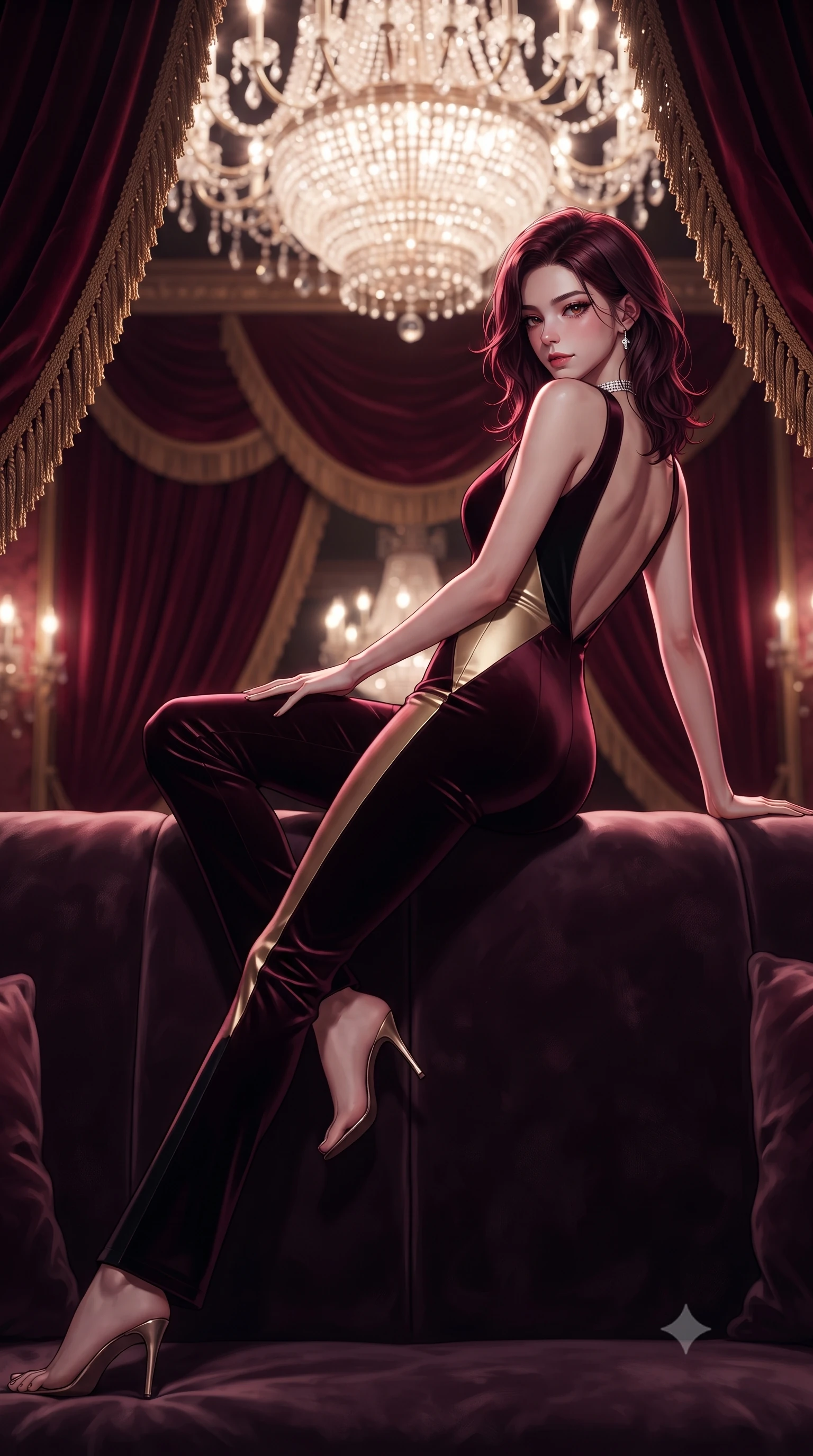 score_9, masterpiece, best quality, ultra-detailed, high-budget anime keyframe, editorial fashion photography, tasteful artistic composition, Korean woman. low angle full-body shot from head to toe showing her feet, filling the entire 9:16 vertical frame with her statuesque presence, stretching her vertical silhouette. reclining languidly across the velvet banquette with one knee bent and hips angled toward the camera, displaying her toned midriff and long slender limbs with effortless sensual charisma while posing in an alluring rear three-quarter angle looking over a bare shoulder, the colossal crystal chandelier illuminating her willowy silhouette. The composition keeps background elements in soft focus with dreamy creamy bokeh. plush crimson velvet drapery with heavy gold bullion fringes softened in opulent baroque shallow focus. She has an exceptionally tall and slender model-like 8.5-heads proportion, an ultra-slim waist, a flat toned midriff, narrow delicate ribcage, and beautifully sculpted feminine hips creating a graceful, slim hourglass silhouette without any bulky heaviness, with impossibly long slender legs. sharp v-shaped jawline, high-bridge nose, intricate jewel-like dark sparkling eyes with dangerous depth, thick curled eyelashes, glossy parted lips with a rich wine sheen, smoldering seductive half-smile with bedroom-eyes, exuding effortless superiority and intoxicating dark allure, flawlessly proportioned anatomical accuracy, strict slender model proportions, natural body alignment, perfectly sculpted long slender limbs, ultra-slim waistline, clean dynamic posture without body distortion. wearing a second-skin dark burgundy stretch-velvet jumpsuit with a plunging neckline and open back in midnight jet-black and liquid champagne gold, tailored from fine lightweight midnight wool crepe with crisp architectural structure, finished with a delicate diamond choker catching the chandelier light, the glove-like silhouette tightly following the natural contour of her hips and long slender legs with youthful 8.5-heads elegance. illuminated by dramatic theatrical spot key light and rich crimson rim light sculpting her razor-sharp jawline, narrow waist, and curvy hips. ultra-reflective glossy finish, specular highlights, rich textural contrasts, high-contrast stereoscopic depth, volumetric dynamic lighting, 2k, ultra detail, master piece, 9:16 ratio