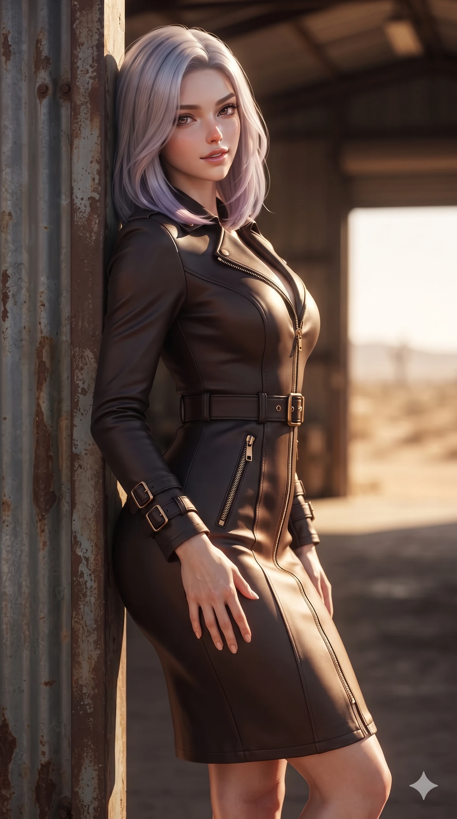 score_9, masterpiece, best quality, ultra-detailed, high-budget anime keyframe, editorial fashion photography, tasteful artistic composition, Caucasian woman. close-up cowboy shot from the waist and thighs up, the character dominates the composition, filling the frame with her large presence. tilting her head with a teasing half-smile, running one hand slowly down the side of her hip in a flirtatious S-curve as ambient light caresses her silhouette while leaning against the corrugated iron steel door frame with hips cocked back, looking out into the blinding desert heat with smoldering bedroom-eyes. The background shows a soft-focus industrial warehouse threshold softened in high-contrast doorway shallow focus. She has an exceptionally elegant, slender, and willowy female figure with an ultra-slim waist, flat toned midriff, narrow ribcage, and sculpted feminine hips creating an alluring, slim hourglass silhouette without bulk. sharp v-shaped jawline, high-bridge nose, sparkling eyes with hypnotic seductive depth, thick curled eyelashes, glossy parted lips with a natural dewy peach sheen, alluring bedroom-eyes with an enchanting coquettish smile, exuding magnetic siren charisma and sophisticated glamour, flawlessly proportioned anatomical accuracy, strict slender model proportions, natural body alignment, perfectly sculpted long slender limbs, ultra-slim waistline, clean dynamic posture without body distortion. wearing a refined long-sleeve desert safari trench dress with structured waist belt and brass buckle hardware in dark espresso leather and warm amber highlights, tailored from second-skin technical compression neoprene with athletic curve-sculpting stretch, finished with sleek heavy-duty brass zip pulls and buckled moto straps, the impeccably tailored cut draping gracefully along her slender figure with aristocratic western poise. bathed in the extreme chiaroscuro contrast of cool deep indoor shadow and explosive 4000K golden desert sunlight flooding through the doorway. ultra-reflective glossy finish, specular highlights, rich textural contrasts, high-contrast stereoscopic depth, volumetric dynamic lighting, 2k, ultra detail, master piece, 9:16 ratio