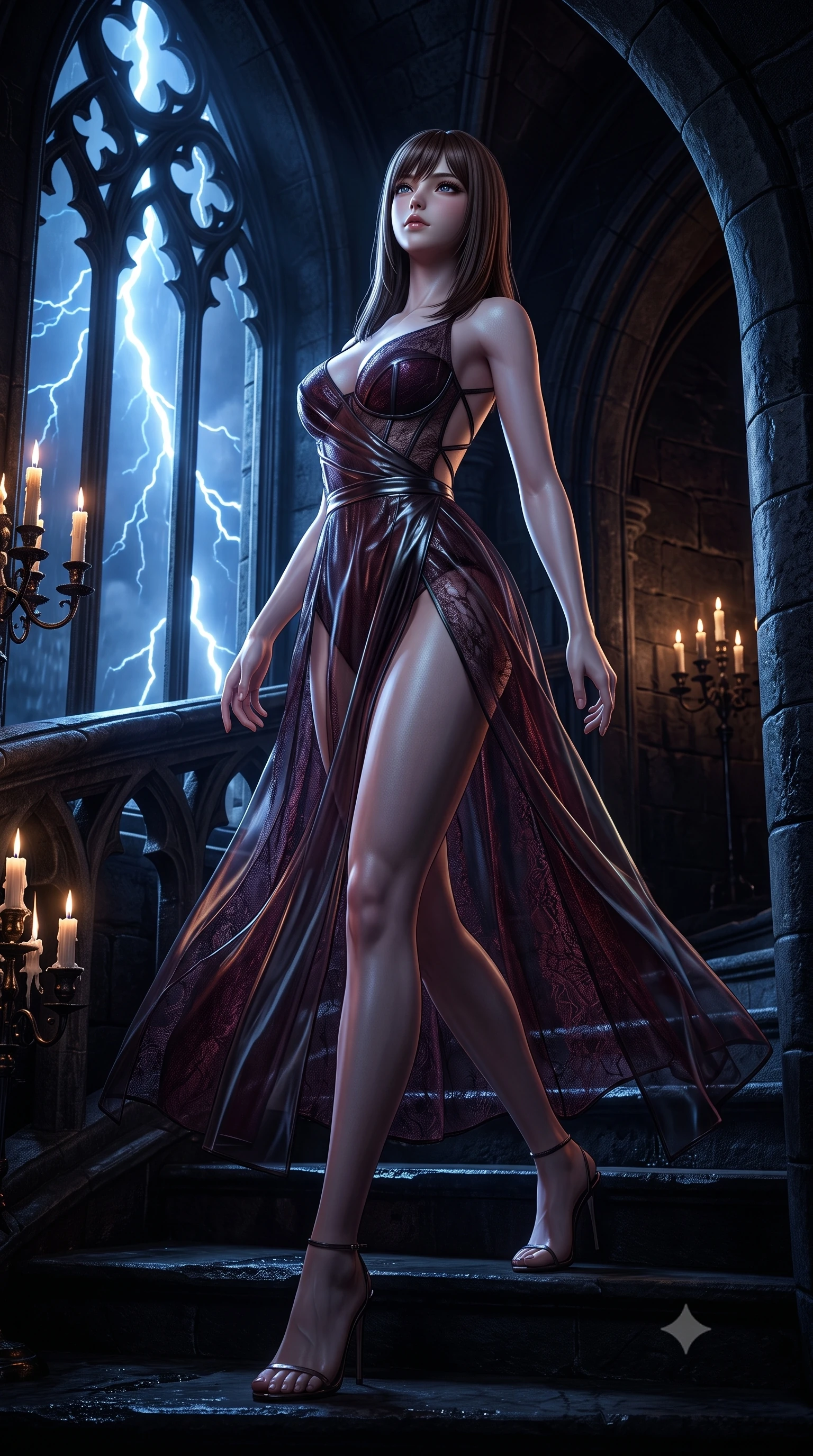 score_9, masterpiece, best quality, ultra-detailed, high-budget anime keyframe, semi-realistic 3D game render, editorial fashion photography, tasteful artistic composition, Korean woman. low angle full-body shot from head to toe showing her feet, filling the entire 9:16 vertical frame with her statuesque presence, stretching her vertical silhouette. arching her spine in a fluid zero-gravity turn with sovereign grace, her long slender legs and sculpted torso creating a sweeping line with provocative poise while ascending a dark spiral stone staircase as flashes of blue lightning cast dramatic high-contrast chiaroscuro shadows across her torso. The surrounding environment is rendered in vivid detail and crisp panoramic clarity. sharp gothic window tracery, flickering candle wax textures, and dark stone arches rendered in high resolution. She has an absolutely perfect, statuesque 8.5-heads proportion, an exceptionally tall and slender model-like female figure with impossibly long slender legs, a toned flat midriff, and an ultra-slim waist. sharp v-shaped jawline, high-bridge nose, intricate jewel-like eyes with depth, thick eyelashes, glossy lips with a natural sheen, flawlessly proportioned anatomical accuracy, strict slender model proportions, natural body alignment, perfectly sculpted long slender limbs, ultra-slim waistline, clean dynamic posture without body distortion. wearing a translucent iridescent dark organza wrap dress with structured bustier boning, plunging neckline, and high-cut dual leg slits in deep burgundy wine and specular dark chrome, crafted from delicate dark lace interwoven with luminescent micro-fibers, complemented by criss-cross back straps highlighting her completely bare spine, the precision-cut daring openings accentuating her delicate midriff, graceful bare collarbones, and ultra-slim feminine waistline. surrounded by a dark, mysterious, and intensely seductive gothic-noir vampire queen aura. rich saturated anime colors with deep moody shadows, detailed chiaroscuro shading with soft gradients, rich glossy textures, high-contrast stereoscopic depth, volumetric dynamic shadow lighting, master piece, 9:16 ratio