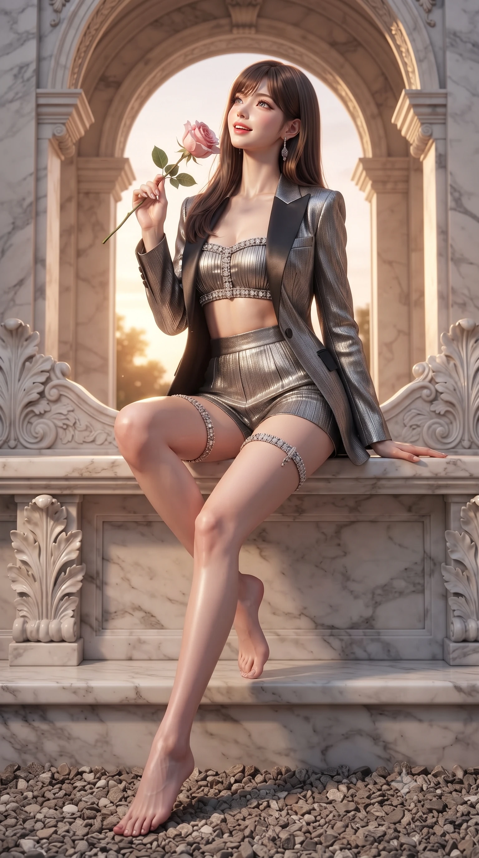score_9, masterpiece, best quality, ultra-detailed, high-budget anime keyframe, editorial fashion photography, tasteful artistic composition, Korean woman. low angle full-body shot from head to toe showing her feet, filling the entire 9:16 vertical frame with her statuesque presence, stretching her vertical silhouette. sitting poised on the stone steps with one knee bent, arching her spine with supermodel elegance as she glances upward through thick eyelashes while sitting gracefully on the carved marble bench with legs crossed, holding a freshly cut blush rose with alluring, parted-lip charm. The surrounding environment is rendered in vivid detail and crisp panoramic clarity: sharp carved marble capital acanthus leaves, velvety rose petal veins, and gravel pathway pebbles in deep focus. She has an exceptionally tall and slender model-like 8.5-heads proportion, an ultra-slim waist, a flat toned midriff, narrow delicate ribcage, and beautifully sculpted feminine hips creating a graceful, slim hourglass silhouette without any bulky heaviness, with impossibly long slender legs. sharp v-shaped jawline, high-bridge nose, intricate jewel-like sparkling eyes with depth, thick eyelashes, glossy parted lips with a natural peach sheen, bright cheerful beaming smile with an enchanting and coquettish sensual glint, exuding both youthful cute charm and seductive allure, flawlessly proportioned anatomical accuracy, strict slender model proportions, natural body alignment, perfectly sculpted long slender limbs, ultra-slim waistline, clean dynamic posture without body distortion. wearing a modern tailored open-front smoking jacket blazer worn over a jeweled bandeau crop top and high-waisted tailored micro-shorts in smoky charcoal noir and reflective metallic platinum, crafted from delicate pleated metallic lamé catching dynamic light with every step, finished with delicate crystal-encrusted thigh garter straps glinting in the dim light, the precision-cut side openings and low-back scoop framing her graceful spine and the sensual sweep of her slim, toned hips. bathed in warm 2900K sunset light streaming through classical marble arches mixed with soft sea-reflection fill. ultra-reflective glossy finish, specular highlights, rich textural contrasts, high-contrast stereoscopic depth, volumetric dynamic lighting, 2k, ultra detail, master piece, 9:16 ratio
