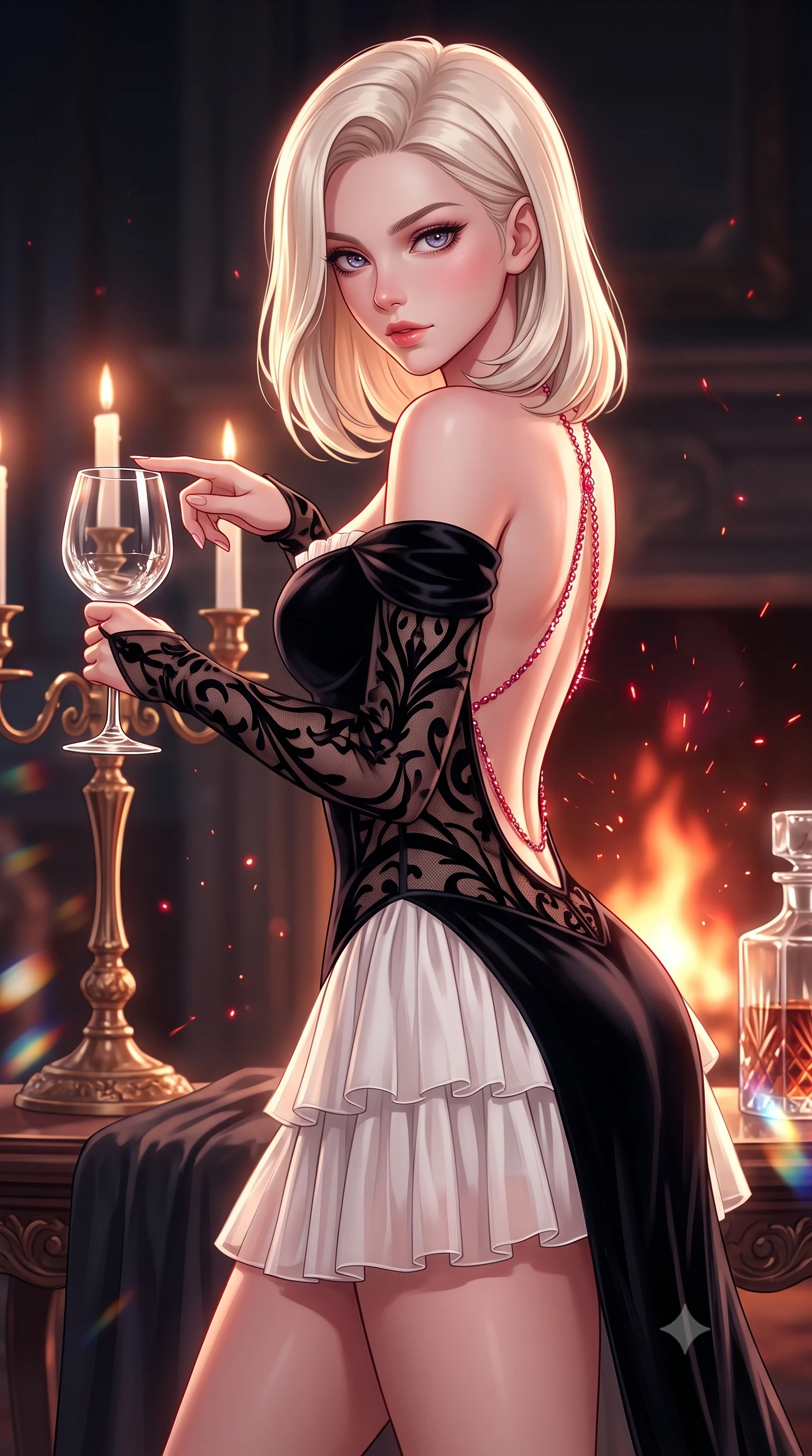 score_9, masterpiece, best quality, ultra-detailed, high-budget anime keyframe, semi-realistic 3D game render, editorial fashion photography, tasteful artistic composition, Caucasian woman. close-up cowboy shot from the waist and thighs up, the character dominates the composition, filling the frame with her large presence. leaning forward toward the camera with playful, breathtaking intimacy, eyes locked onto the viewer with irresistible charisma while standing poised beside the grand candelabra table, slowly running one manicured finger along the rim of her wine glass. The composition keeps background elements in soft focus with creamy bokeh. rising hearth fire sparks and crystal decanter refractions scattering warm crimson light motes. She has an exceptionally elegant, slender, and willowy female figure with an ultra-slim waist, a gracefully sculpted slender torso, toned flat midriff, and a refined slim silhouette. sharp v-shaped jawline, high-bridge nose, intricate jewel-like eyes with depth, thick eyelashes, glossy parted lips with a natural sheen, intensely captivating and seductive expression, flawlessly proportioned anatomical accuracy, strict slender model proportions, natural body alignment, perfectly sculpted long slender limbs, ultra-slim waistline, clean dynamic posture without body distortion. wearing an off-shoulder Victorian corset bodice dress paired with a tiered gathered chiffon slit skirt in high-contrast black velvet and pearl white, made of sheer contouring mesh with velvet flocking patterns, accented with a glittering ruby back chain tracing her bare spine, the dramatically scooped open back descending to the base of her spine, accentuating her razor-sharp statuesque lines and slim hourglass silhouette. illuminated by rich directional firelight sculpting every feminine curve of her slender silhouette. highly saturated vibrant anime colors, detailed shading with soft gradients, rich glossy textures, high-contrast stereoscopic depth, volumetric dynamic lighting, master piece, 9:16 ratio