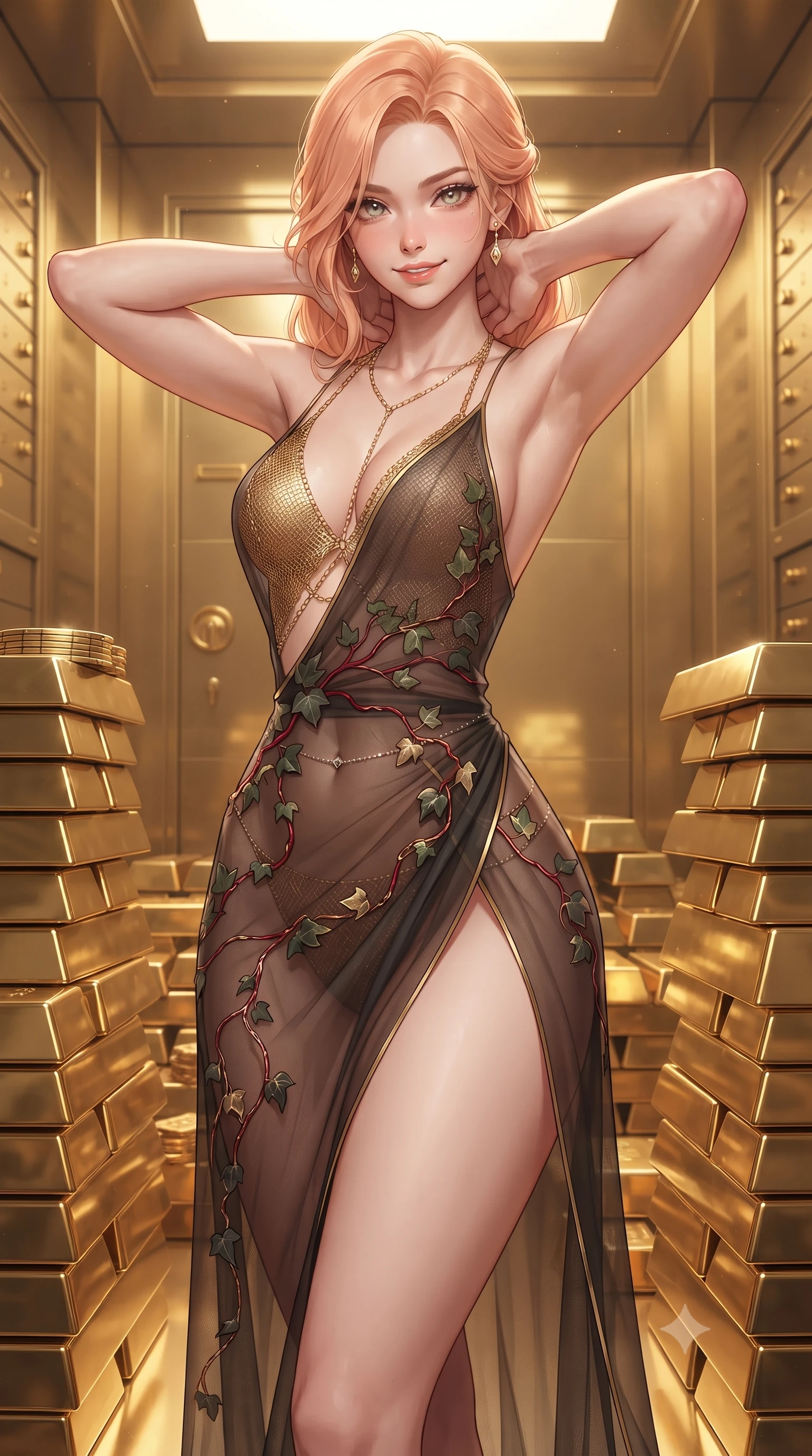 score_9, masterpiece, best quality, ultra-detailed, high-budget anime keyframe, editorial fashion photography, tasteful artistic composition, Japanese woman. close-up cowboy shot from the waist and thighs up, the character dominates the composition, filling the frame with her large presence. resting both hands lightly behind her neck with elbows raised, arching her spine to highlight her narrow waist, flat midriff, and breathtaking collarbones while standing poised between stacks of mirror-polished gold ingots, arching her back with breathtaking sovereign wealth glamour. The surrounding environment is rendered in vivid detail and crisp panoramic clarity: detailed liquid gold chainmail halter top weave, diamond belly chain shine, and bank vault engineering in high resolution. She has an exceptionally elegant, slender, and willowy female figure with an ultra-slim waist, flat toned midriff, narrow ribcage, and sculpted feminine hips creating an alluring, slim hourglass silhouette without bulk. sharp v-shaped jawline, high-bridge nose, sparkling eyes with hypnotic seductive depth, thick curled eyelashes, glossy parted lips with a natural dewy peach sheen, alluring bedroom-eyes with an enchanting coquettish smile, exuding magnetic siren charisma and sophisticated glamour, flawlessly proportioned anatomical accuracy, strict slender model proportions, natural body alignment, perfectly sculpted long slender limbs, ultra-slim waistline, clean dynamic posture without body distortion. wearing a provocative sheer illusion mesh botanical dress with embroidered climbing ivy ribbons contouring her curves in rich cherry lacquer and smoky charcoal with gold piping, made of sheer gossamer chiffon that drapes softly against skin with airy translucence, accented with a stack of engraved gold casino plaques held loosely in one hand, the high-slit wrap tailoring accentuating her ultra-slim waistline and the enchanting curve of her feminine hips with alluring seductive charm. bathed in brilliant specular reflections bouncing from thousands of polished gold surfaces. ultra-reflective glossy finish, specular highlights, rich textural contrasts, high-contrast stereoscopic depth, volumetric dynamic lighting, 2k, ultra detail, master piece, 9:16 ratio