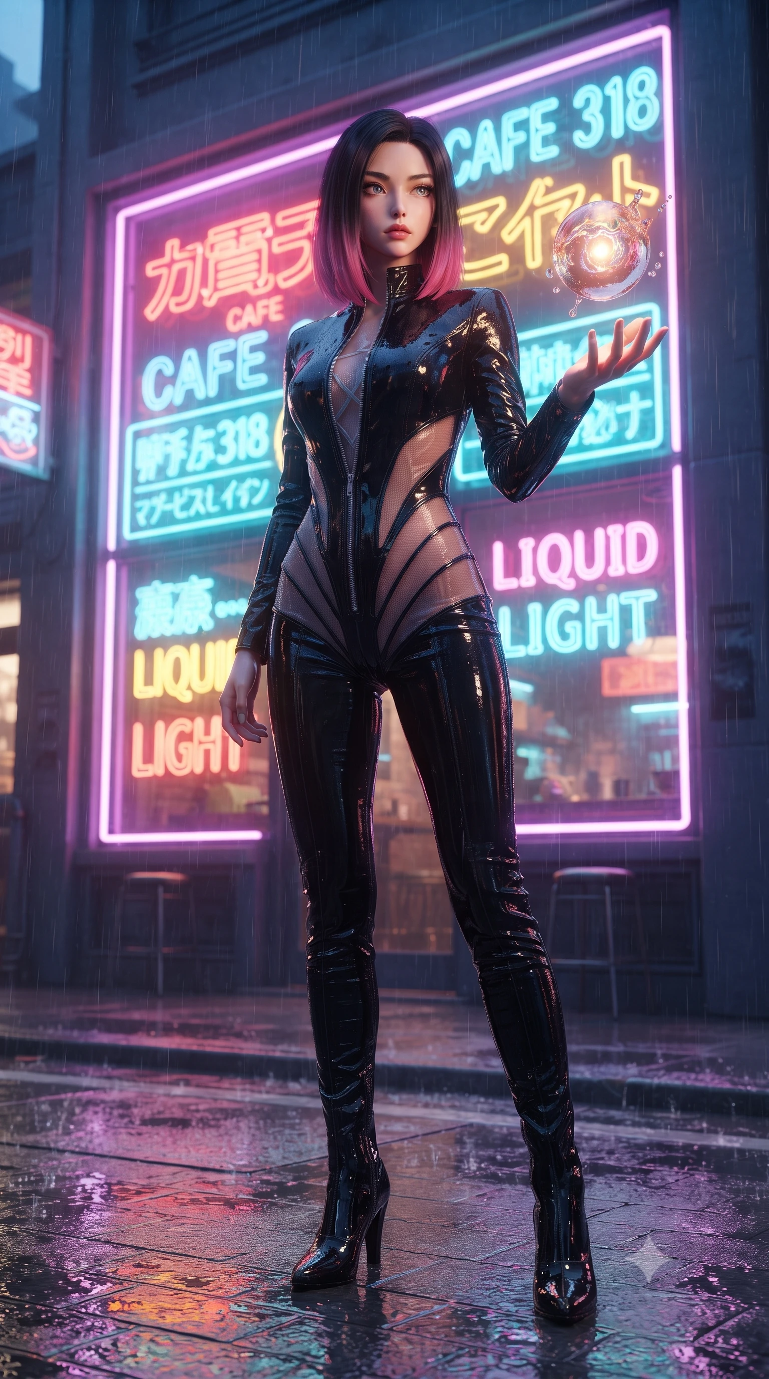 score_9, masterpiece, best quality, ultra-detailed, High-budget Anime Keyframe, editorial fashion photography, tasteful artistic composition, realistic cosplay photography, East Asian woman. Low angle cowboy shot filling the entire 9:16 frame with her statuesque presence. Scenario 318: reaching out to catch a floating sphere of liquid light in a glowing neon window at twilight with soft rain falling. Her presence is magnetic and overpowering in this high-budget cinematic scene. Outfit 318: a slim-fit patent leather second with a unzipped detail and translucent layers. The clothing is designed to emphasize her exceptionally tall and slender 8-heads proportion. 8-heads proportion, towering silhouette, ultra-slim waist. sharp v-shaped jawline, intricate jewel-like eyes with depth, thick eyelashes, glossy lips. ultra-reflective glossy finish, specular highlights, metallic sheen, high-contrast stereoscopic depth, volumetric dynamic lighting, 2k, ultra detail, master piece, 9:16 ratio