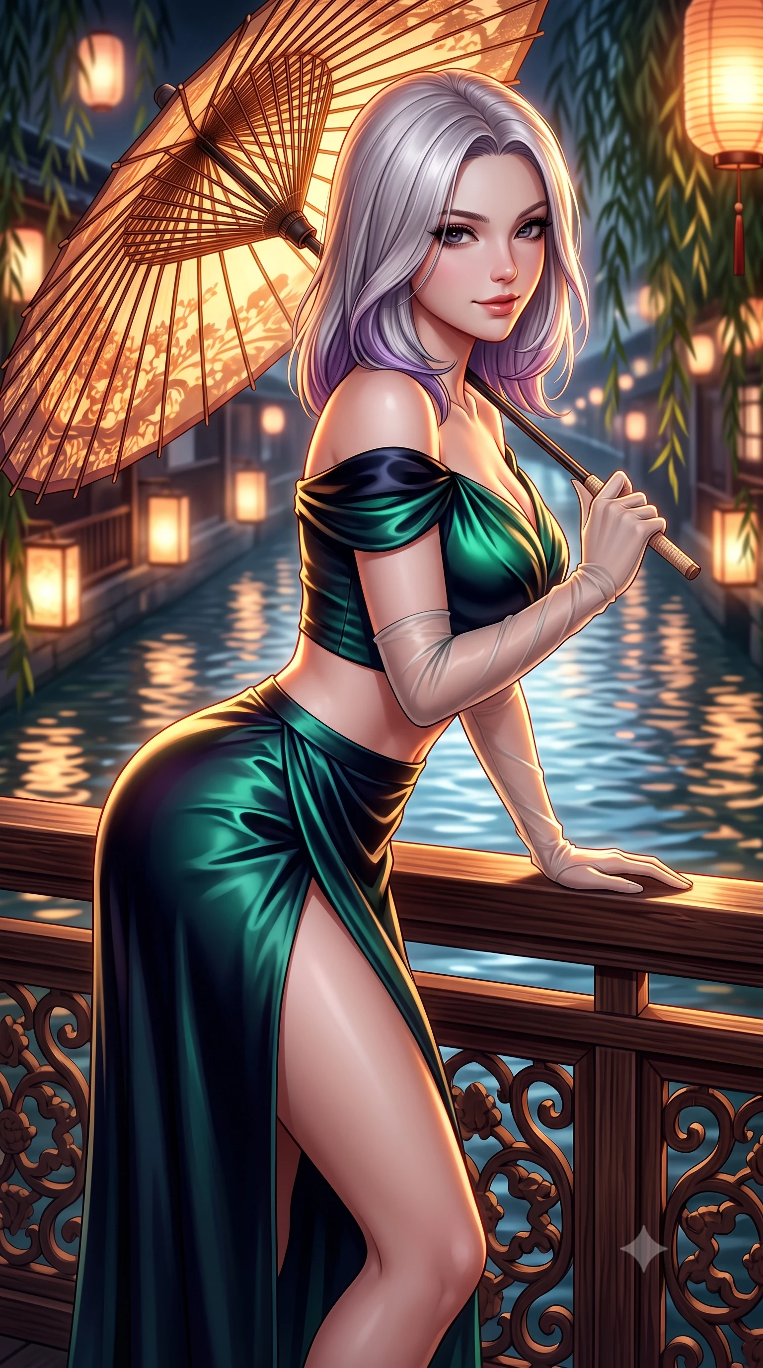 score_9, masterpiece, best quality, ultra-detailed, high-budget anime keyframe, semi-realistic 3D game render, editorial fashion photography, tasteful artistic composition, Caucasian woman. close-up cowboy shot from the waist and thighs up, the character dominates the composition, filling the frame with her large presence. leaning forward over the carved veranda balustrade while arching her lower back to accentuate her curvy hips, looking into the camera with an enchanting coquettish smile and bedroom-eyes while holding an illuminated paper wagasa umbrella with one hand while turning gracefully, her long slender legs and curves accentuated by lantern reflections. The background shows a soft-focus rippling canal waters reflecting glowing windows and swaying willow branches softened in romantic Gion shallow focus. She has an exceptionally elegant, slender, and willowy female figure with an ultra-slim waist, flat toned midriff, narrow ribcage, and sculpted feminine hips creating an alluring, slim hourglass silhouette without bulk. sharp v-shaped jawline, high-bridge nose, intricate jewel-like dark sparkling almond eyes with depth, thick lashes, glossy parted lips with a natural rose-plum sheen, bright alluring and coquettish smile with bedroom-eyes, exuding both timeless oriental elegance and sovereign high-fashion allure, flawlessly proportioned anatomical accuracy, strict slender model proportions, natural body alignment, perfectly sculpted long slender limbs, ultra-slim waistline, clean dynamic posture without body distortion. wearing a modern two-piece fusion set with an off-shoulder crop blouse and high-slit wrap skirt tracing her curvaceous hips in deep midnight obsidian and luminous imperial jade green, crafted from heavy fluid silk satin with a liquid mirror-like sheen, complemented by delicate sheer silk fingerless gloves reaching past her elbows, the glove-like silhouette tightly following the natural contour of her hips and long slender legs with youthful 8.5-heads elegance. illuminated by rippling canal water reflections and sharp amber rim lighting sculpting her razor-sharp jawline, narrow waist, and curvy hips. highly saturated vibrant anime colors, detailed shading with soft gradients, rich glossy textures, high-contrast stereoscopic depth, volumetric dynamic lighting, master piece, 9:16 ratio