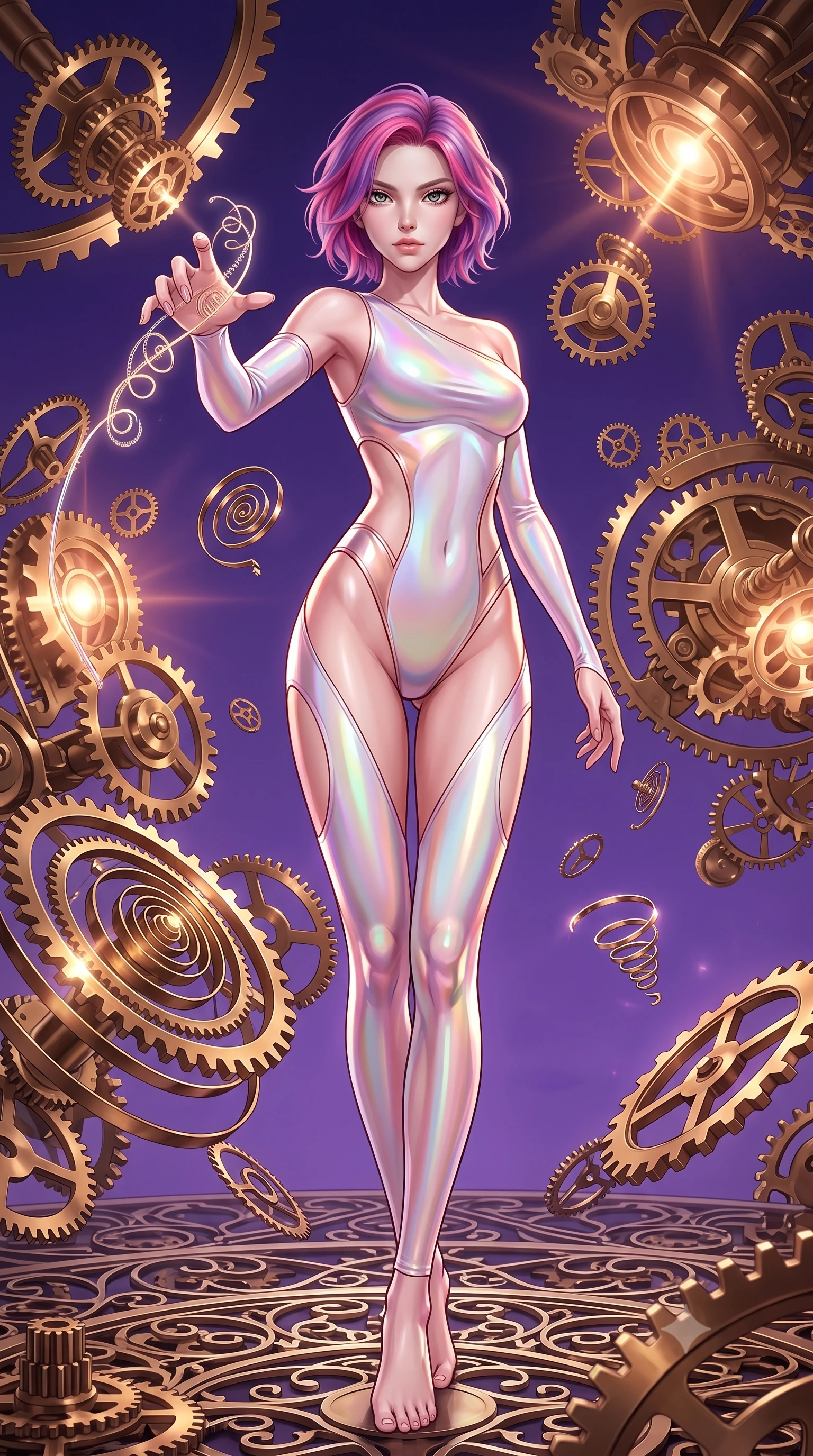 score_9, masterpiece, best quality, ultra-detailed, high-budget anime keyframe, editorial fashion photography, tasteful artistic composition, Caucasian woman. low angle full-body shot from head to toe showing her feet, filling the entire 9:16 vertical frame with her statuesque presence, stretching her vertical silhouette. forging dynamically through the scene with her long slender legs and ultra-slim waist creating a sweeping S-curve while reaching forward to adjust a glowing clockwork spring wire in a storm of gear parts, floating brass gears and clocksprings casting intricate metallic reflections. She has an absolutely perfect, statuesque 8.5-heads proportion, an exceptionally tall and slender model-like female figure with impossibly long slender legs and an ultra-slim waist. sharp v-shaped jawline, high-bridge nose, intricate jewel-like eyes with depth, thick eyelashes, glossy lips with a natural sheen, flawlessly proportioned anatomical accuracy, natural body alignment, perfectly sculpted elegant limbs, clean dynamic posture without body distortion. wearing an asymmetrical high-cut tech-bodysuit with detached sleeves in pearl white and rose gold, crafted from iridescent chiffon that shifts colors in the light, featuring clean architectural cutouts along her slender torso, the sleek second-skin texture accentuating her magnetic presence. surrounded by a contrast of deep violet sky and radiant bronze mechanical light. highly saturated vibrant anime colors, detailed shading with soft gradients, rich glossy textures, high-contrast stereoscopic depth, volumetric dynamic lighting, master piece, 9:16 ratio