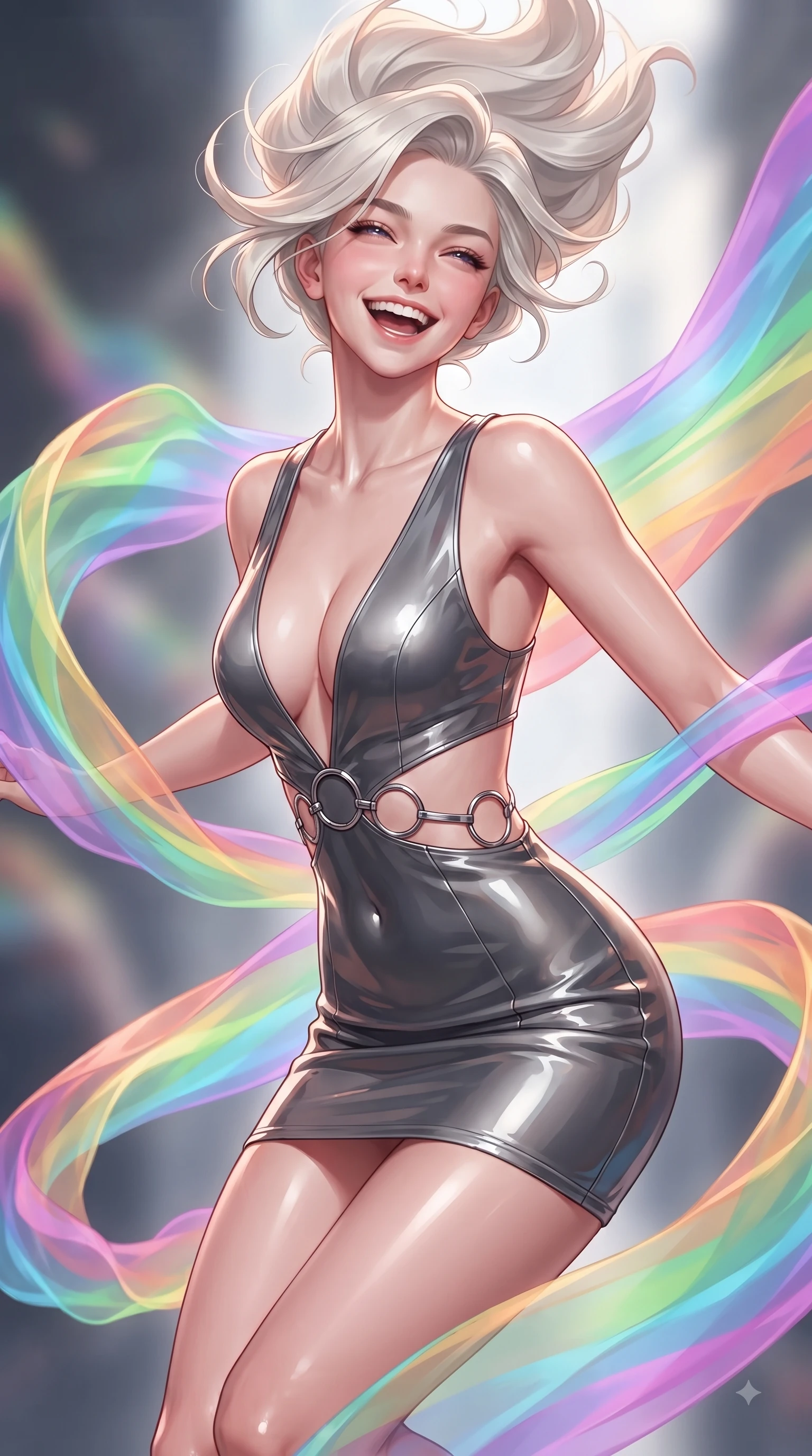 score_9, masterpiece, best quality, ultra-detailed, high-budget anime keyframe, editorial fashion photography, tasteful artistic composition, Caucasian woman. close-up cowboy shot from the waist and thighs up, the character dominates the composition, filling the frame with her large presence, background elements kept in soft focus. Joyful laughing expression filled with genuine happiness and warmth, leaning forward with cheerful energy while spinning in mid-air as translucent rainbow silk ribbons swirl around her with joyful grace, translucent silk ribbons swirling around her figure like bright streams. She has an exceptionally elegant, slender, and willowy female figure with an ultra-slim waist, a gracefully sculpted slender torso, and a refined silhouette. sharp v-shaped jawline, high-bridge nose, intricate jewel-like eyes with depth, thick eyelashes, glossy lips with a natural sheen, flawlessly proportioned anatomical accuracy, natural body alignment, perfectly sculpted elegant limbs, clean dynamic posture without body distortion. wearing a liquid mercury gloss mini dress with ultra-deep V-neck and waist cutouts in charcoal grey and platinum, tailored from high-gloss patent leather, accented with delicate chrome ring hardware framing her waist, the tailored fabric tightly following every curve of her athletic build. surrounded by a vibrant fluorescent aura with bright specular rim lights. ultra-reflective glossy finish, specular highlights, metallic sheen, high-contrast stereoscopic depth, volumetric dynamic lighting, 2k, ultra detail, master piece, 9:16 ratio