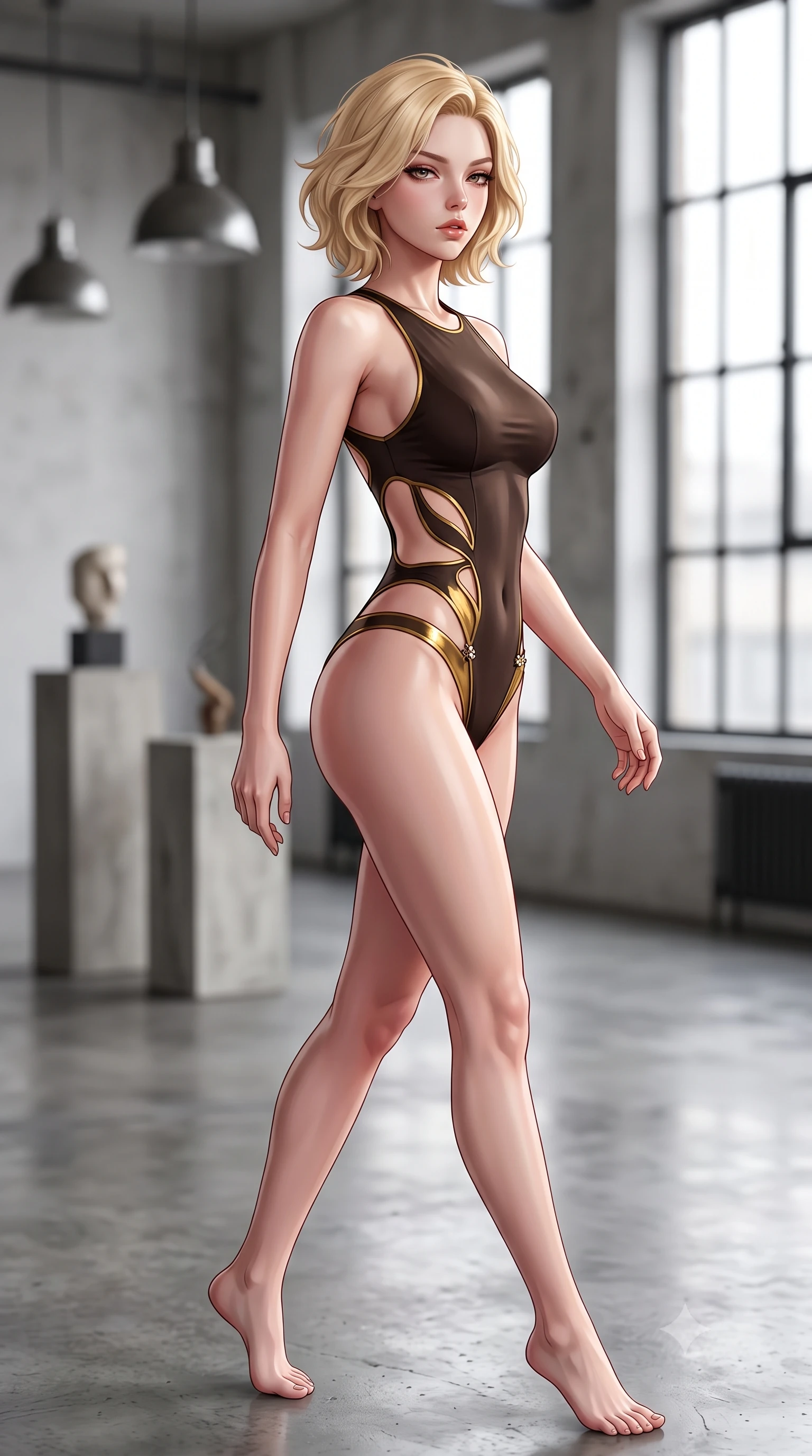 score_9, masterpiece, best quality, ultra-detailed, high-budget anime keyframe, semi-realistic 3D game render, editorial fashion photography, tasteful artistic composition, Caucasian woman. close-up cowboy shot from the waist and thighs up, the character dominates the composition, filling the frame with her large presence. twisting her slender torso in a deep contrapposto stance, hips dramatically shifted to accentuate her feminine curves while looking past her shoulder with smoldering bedroom-eyes while striding across the polished industrial concrete floor, her sleek aerodynamic dress clinging to her narrow waist and long legs. The composition keeps background elements in soft focus with creamy bokeh. minimalist sculptural pedestals and industrial pendant lights softened in avant-garde German shallow focus. She has an exceptionally elegant, slender, and willowy female figure with an ultra-slim waist, flat toned midriff, narrow ribcage, and sculpted feminine hips creating an alluring, slim hourglass silhouette without bulk. sharp v-shaped jawline, high-bridge nose, intricate jewel-like eyes with depth, thick eyelashes, glossy parted lips with a natural sheen, intensely captivating and seductive bedroom-eyes expression, flawlessly proportioned anatomical accuracy, strict slender model proportions, natural body alignment, perfectly sculpted long slender limbs, ultra-slim waistline, clean dynamic posture without body distortion. wearing a botanical cutout monokini with organic leaf-curve side openings and high-cut hip bands in dark espresso brown and molten gold foil, tailored from water-resistant treated wool gabardine and flexible stretch silk, finished with an ultra-high side slit secured by miniature jeweled clasps, the liquid-tight tailored fabric clinging flawlessly to her narrow waist and rounded feminine hips, emphasizing every millimeter of her sculpted slim hourglass curves without any bulky heaviness. bathed in pure, diffused northern European overcast daylight streaming through floor-to-ceiling industrial steel windows. highly saturated vibrant anime colors, detailed shading with soft gradients, rich glossy textures, high-contrast stereoscopic depth, volumetric dynamic lighting, master piece, 9:16 ratio