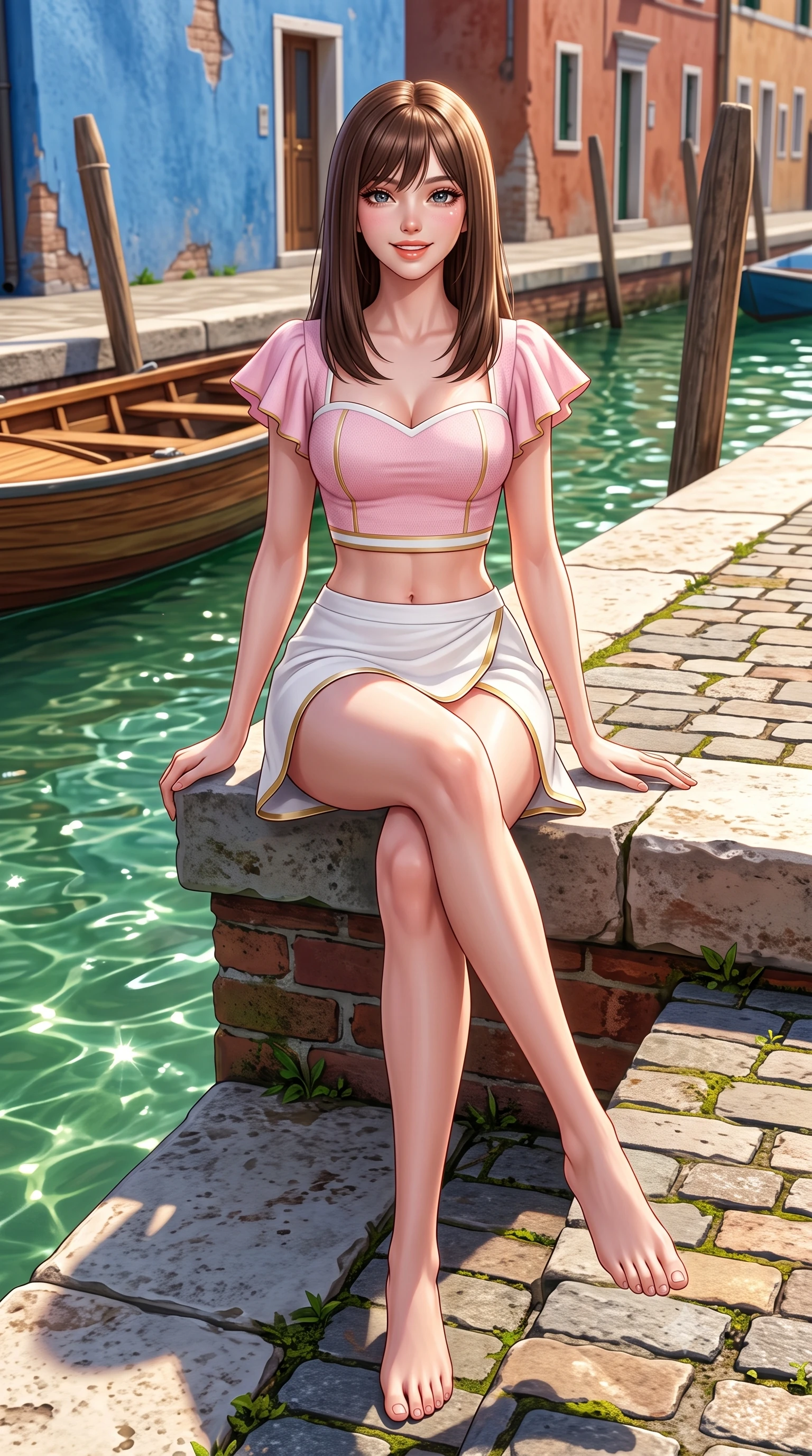 score_9, masterpiece, best quality, ultra-detailed, high-budget anime keyframe, semi-realistic 3D game render, editorial fashion photography, tasteful artistic composition, Korean woman. low angle full-body shot from head to toe showing her feet, filling the entire 9:16 vertical frame with her statuesque presence, stretching her vertical silhouette. sitting perched on the elevated edge with legs crossed and hips angled toward the camera, displaying her toned midriff and long slender limbs with a joyful, coquettish smile while walking down the cobblestone quay, her chic form-fitting outfit hugging her narrow waist and rounded hips as green canal water sparkles. The surrounding environment is rendered in vivid detail and crisp panoramic clarity. sharp colorful stucco wall textures, wooden boat hull grain, and cobblestone canal seams in deep focus. She has an exceptionally tall and slender model-like 8.5-heads proportion, an ultra-slim waist, a flat toned midriff, narrow delicate ribcage, and beautifully sculpted feminine hips creating a graceful, slim hourglass silhouette without any bulky heaviness, with impossibly long slender legs. sharp v-shaped jawline, high-bridge nose, intricate jewel-like sparkling eyes with depth, thick eyelashes, glossy parted lips with a natural peach sheen, bright cheerful beaming smile with an enchanting and coquettish sensual glint, exuding both youthful cute charm and seductive allure, flawlessly proportioned anatomical accuracy, strict slender model proportions, natural body alignment, perfectly sculpted long slender limbs, ultra-slim waistline, clean dynamic posture without body distortion. wearing a sweetheart-neckline baby-pink crop top with a high-slit wrap mini skirt accentuating her waist-to-hip curve in pure alabaster white and sun-kissed gold, crafted from soft cozy cashmere yarn with an airy drape, featuring elegant flutter sleeves and a graceful square neckline, the form-contouring cut accentuating her sculpted flat midriff, narrow delicate ribcage, and gracefully curvy hips with supermodel precision. illuminated by green canal water specular caustics sharply sculpting her razor-sharp jawline, narrow waist, and curvy hips. highly saturated vibrant anime colors, detailed shading with soft gradients, rich glossy textures, high-contrast stereoscopic depth, volumetric dynamic lighting, master piece, 9:16 ratio