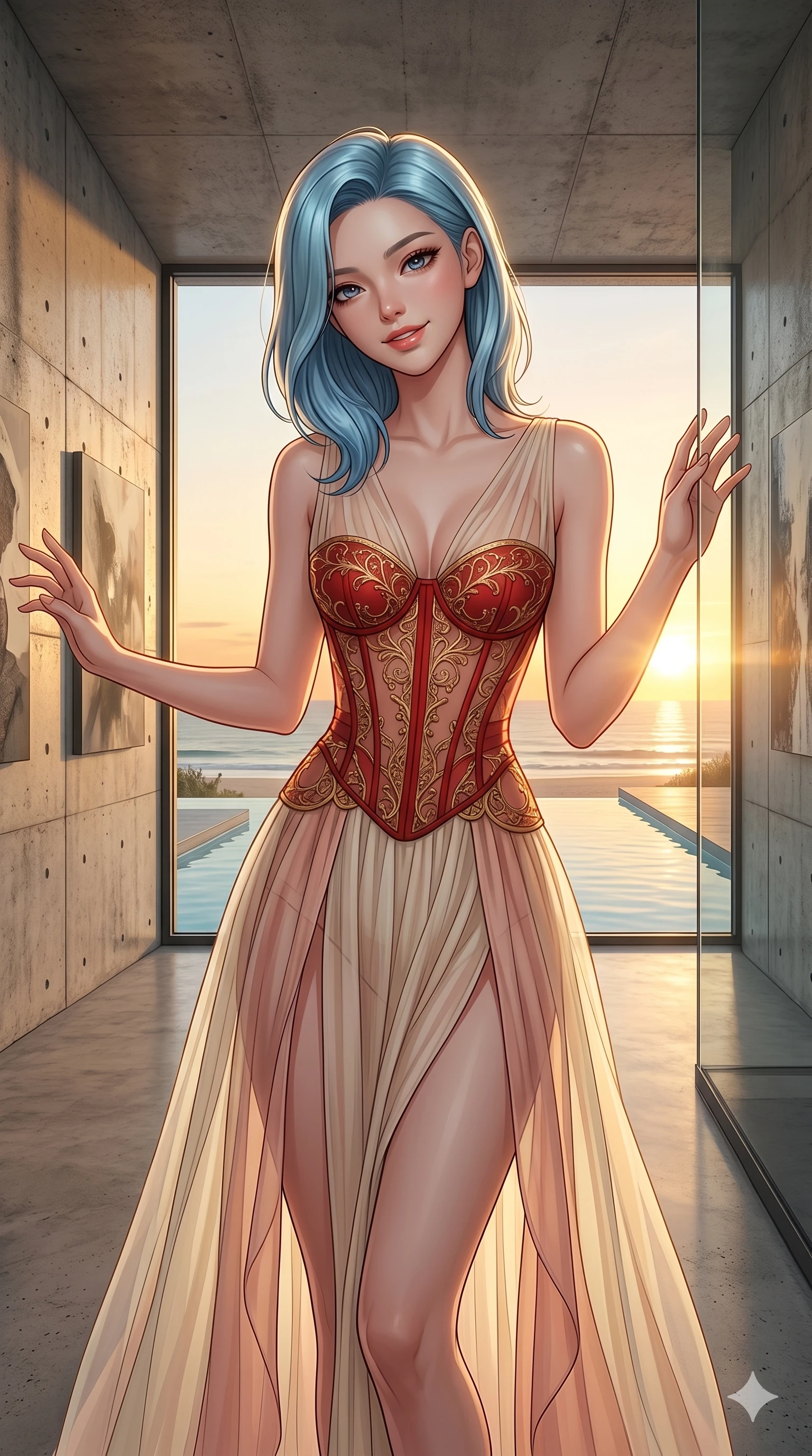 score_9, masterpiece, best quality, ultra-detailed, high-budget anime keyframe, editorial fashion photography, tasteful artistic composition, Korean woman. cowboy shot from the thighs up, character and outfit filling the frame for maximum editorial presence. tilting her head with a playful, teasing smile inside a concrete minimalist gallery overlooking a beachside pool (Code-P19-168). She has an absolutely perfect 8-heads proportion, an exceptionally tall and slender female figure with impossibly long slender legs and an ultra-slim waist. V-shaped jawline, high-bridge nose, intricate jewel-like eyes with depth, thick eyelashes, glossy lips with a natural sheen. wearing a sheer chiffon dress with a red corset bodice. golden sunset light streaming through the window, outlining her high-bridge nose and lips. 2k, ultra detail, master piece, 9:16 ratio