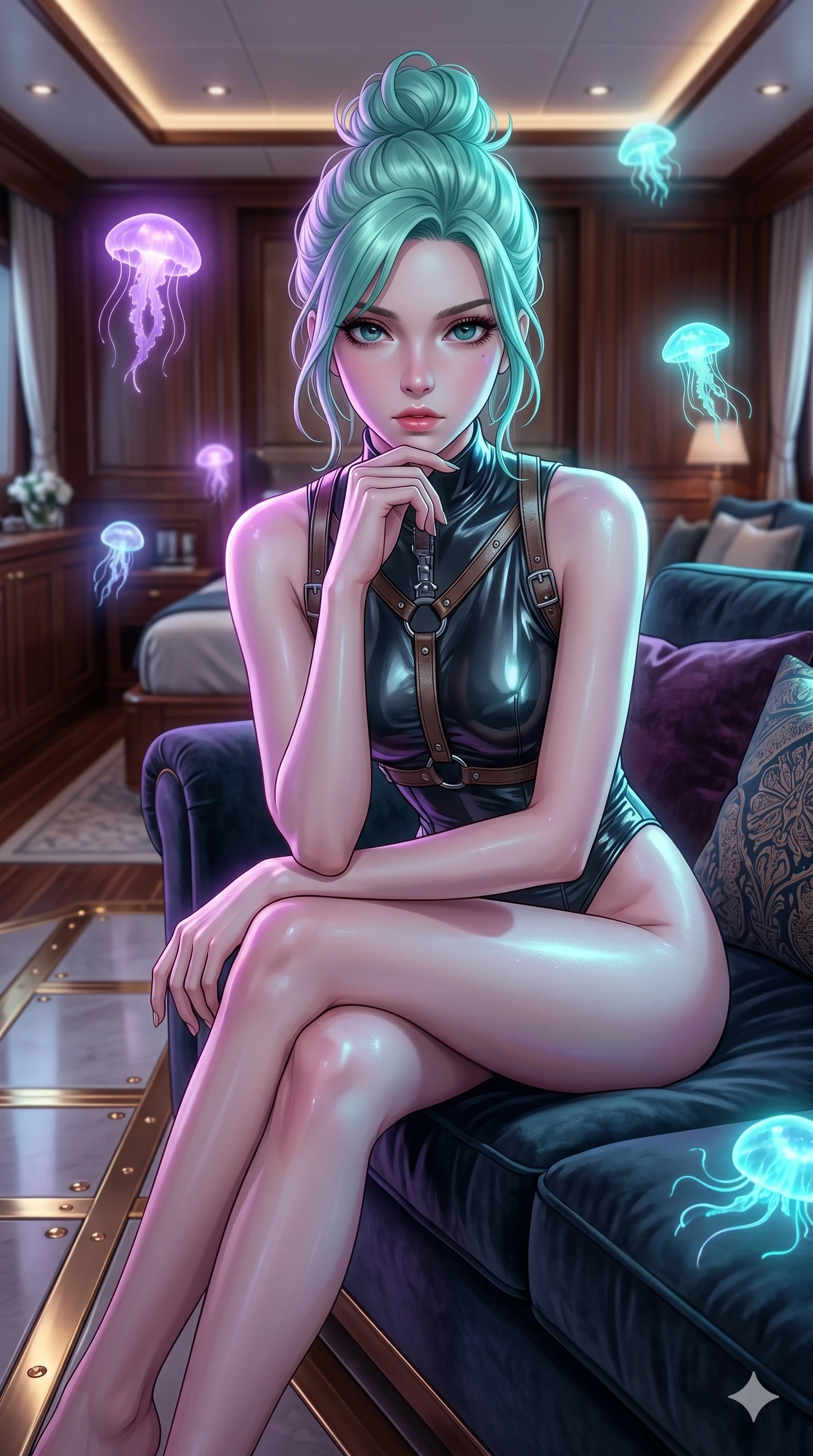 score_9, masterpiece, best quality, ultra-detailed, high-budget anime keyframe, editorial fashion photography, tasteful artistic composition, Japanese woman. cowboy shot from the thighs up, character and outfit filling the frame for maximum editorial presence. sitting on a velvet sofa, resting her chin on her fingers, looking directly into the lens inside a luxury yacht cabin room (Code-P17-097). She has an absolutely perfect 8-heads proportion, an exceptionally tall and slender female figure with impossibly long slender legs and an ultra-slim waist. V-shaped jawline, high-bridge nose, intricate jewel-like eyes with depth, thick eyelashes, glossy lips with a natural sheen. wearing a wet-look bodysuit with high-cut lines and an elegant harness. soft purple and cyan light from the floating organisms, casting a magical aura on her. 2k, ultra detail, master piece, 9:16 ratio