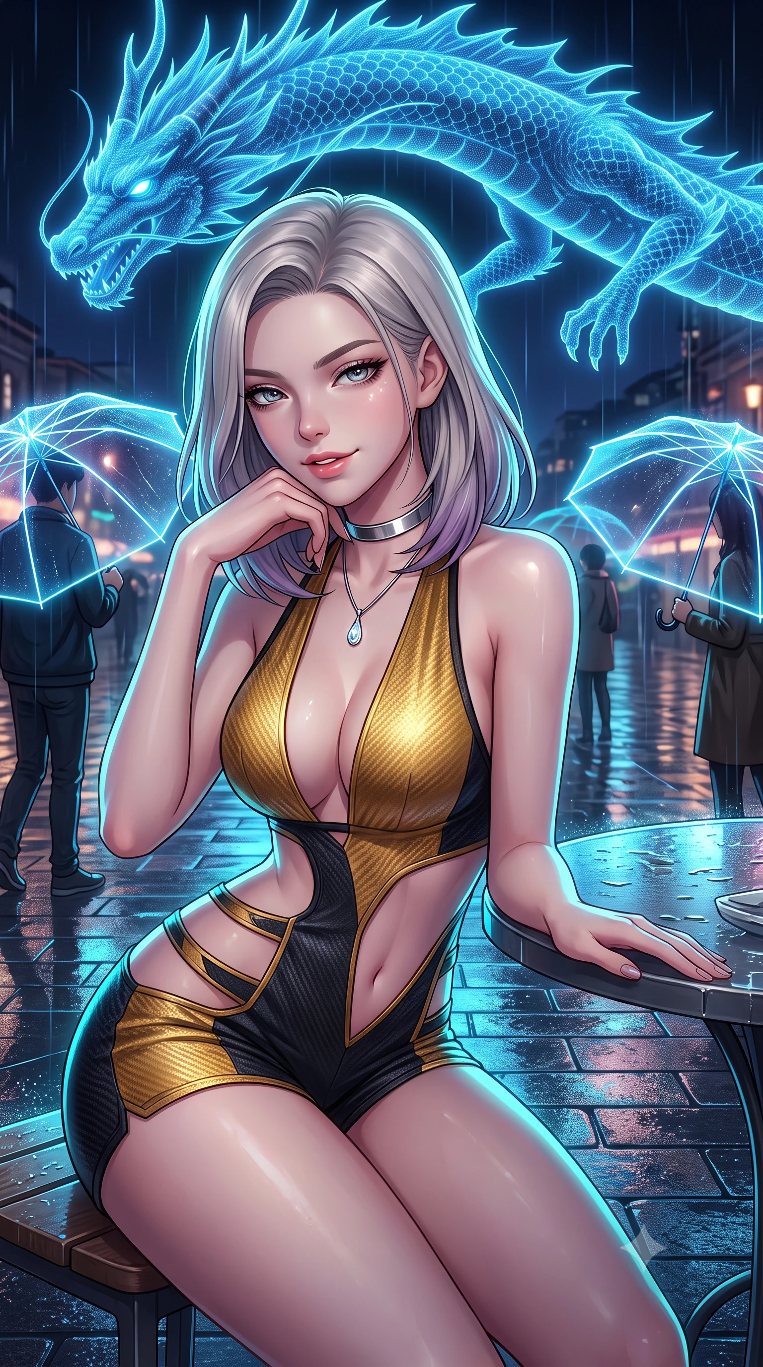 score_9, masterpiece, best quality, ultra-detailed, high-budget anime keyframe, semi-realistic 3D game render, editorial fashion photography, tasteful artistic composition, Caucasian woman. close-up cowboy shot from the waist and thighs up, the character dominates the composition, filling the frame with her large presence. resting one elbow on the table and supporting her chin, leaning close to the camera with heavy-lidded sparkling eyes and parted lips while standing poised on the rain-slicked plaza pavers beneath a massive celestial holographic blue dragon, arching her lower back with magnetic anime heroine grace. The surrounding environment is rendered in vivid detail and crisp panoramic clarity: sharp wet granite paver reflections, intricate holographic scales on the floating dragon, and razor-sharp laser umbrella ribs in deep focus. She has an exceptionally elegant, slender, and willowy female figure with an ultra-slim waist, flat toned midriff, narrow ribcage, and sculpted feminine hips creating an alluring, slim hourglass silhouette without bulk. sharp v-shaped jawline, high-bridge nose, intricate jewel-like sparkling eyes with depth, thick eyelashes, glossy parted lips with a natural peach sheen, bright cheerful beaming smile with an enchanting and coquettish sensual glint, exuding both youthful cute charm and seductive allure, flawlessly proportioned anatomical accuracy, strict slender model proportions, natural body alignment, perfectly sculpted long slender limbs, ultra-slim waistline, clean dynamic posture without body distortion. wearing a daring low-cut halterneck romper with exposed midriff and strappy hip cutouts in singularity accretion gold and deep space void black, woven from structured carbon-fiber jacquard with rich textural depth, finished with a minimalist chrome choker and a single teardrop diamond pendant, the precision-cut side openings and low-back scoop framing her graceful spine and the sensual sweep of her slim, toned hips. illuminated by wet pavement reflection bounce and sharp electric-cyan rim lights defining her jawline, narrow waist, and curvy hips. highly saturated vibrant anime colors, detailed shading with soft gradients, rich glossy textures, high-contrast stereoscopic depth, volumetric dynamic lighting, master piece, 9:16 ratio