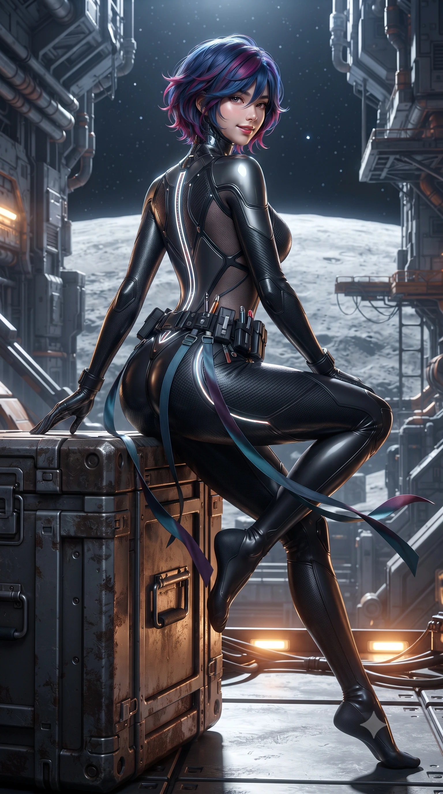 score_9, masterpiece, best quality, ultra-detailed, high-budget anime keyframe, editorial fashion photography, tasteful artistic composition, Korean woman. low angle full-body shot from head to toe showing her feet, filling the entire 9:16 vertical frame with her statuesque presence, stretching her vertical silhouette. executing a cheerful mid-motion pivot turn as her tactical belt and ribbons flutter around her slender legs, glancing over her shoulder with an intoxicating, teasing bedroom-gaze while sitting perched on an equipment crate propped on one hand, her tight environmental suit radiating magnetic, adventurous charm. The surrounding environment is rendered in vivid detail and crisp panoramic clarity: detailed spacesuit fabric texture, cosmic highlights on helmet collar, and lunar mining rig architecture in razor-sharp clarity. She has an absolutely perfect, statuesque 8.5-heads proportion, an exceptionally tall and slender model-like female figure with impossibly long slender legs, an ultra-slim waist, a flat toned midriff, narrow delicate ribcage, and beautifully sculpted feminine hips creating a graceful, slim hourglass silhouette without any bulky heaviness. sharp v-shaped jawline, high-bridge nose, intricate jewel-like sparkling eyes with depth, thick eyelashes, glossy parted lips with a natural sheen, bright confident smile with an enchanting and coquettish sensual glint, exuding both youthful magnetic charm and sovereign high-tech allure, flawlessly proportioned anatomical accuracy, strict slender model proportions, natural body alignment, perfectly sculpted long slender limbs, ultra-slim waistline, clean dynamic posture without body distortion. wearing a form-contouring cybernetic combat suit in matte black latex and carbon fiber, tracing her willowy silhouette with a high neck in reflective liquid mercury and matte phantom grey, crafted from sheer technical cyber-lace reinforced with ultra-thin Kevlar threads, accented with glowing neon fiber-optic piping tracing her spine and hip lines, the precision-cut side openings and low-back scoop framing her graceful spine and the sensual sweep of her slim, toned hips. bathed in brilliant cold silver starlight from above and warm industrial sodium work-lights from below. ultra-reflective glossy finish, specular highlights, rich textural contrasts, high-contrast stereoscopic depth, volumetric dynamic lighting, 2k, ultra detail, master piece, 9:16 ratio