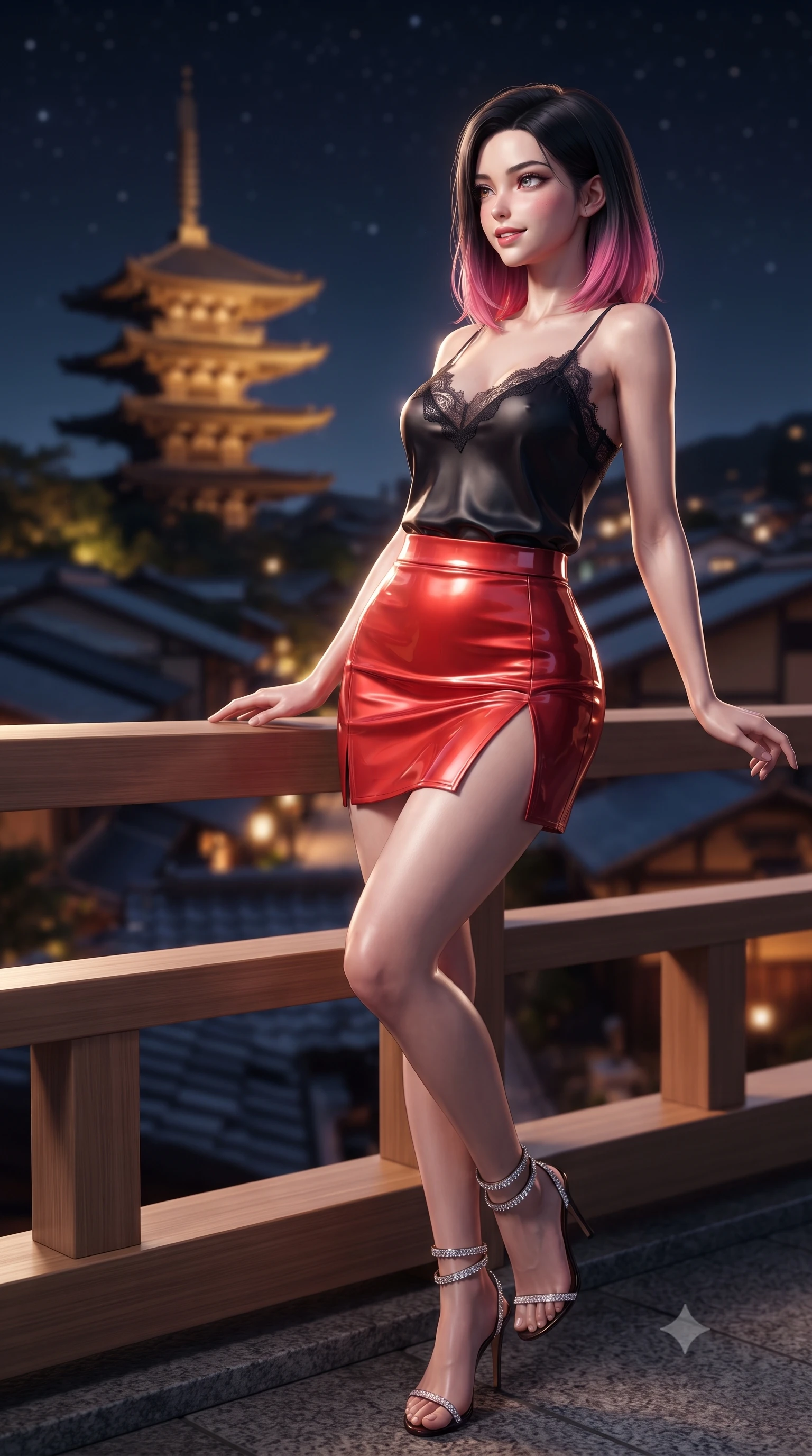 score_9, masterpiece, best quality, ultra-detailed, high-budget anime keyframe, editorial fashion photography, tasteful artistic composition, Korean woman. close-up cowboy shot from the waist and thighs up, the character dominates the composition, filling the frame with her large presence. turning slowly with an enchanting smoldering smile, her glossy hair tossing in the breeze as her hips angle gracefully in a captivating contrapposto while leaning against the minimalist timber balustrade with hips cocked back, looking toward the distant illuminated Yasaka Pagoda with smoldering eyes. The background shows a soft-focus five-story wooden Yasaka Pagoda illuminated against the dark hill, endless sea of low Kyoto tiled roofs, and starry sky blurred into honey, indigo, and charcoal bokeh. She has an exceptionally elegant, slender, and willowy female figure with an ultra-slim waist, flat toned midriff, narrow ribcage, and sculpted feminine hips creating an alluring, slim hourglass silhouette without bulk. sharp v-shaped jawline, high-bridge nose, sparkling eyes with hypnotic seductive depth, thick curled eyelashes, glossy parted lips with a natural dewy peach sheen, alluring bedroom-eyes with an enchanting coquettish smile, exuding magnetic siren charisma and sophisticated glamour, flawlessly proportioned anatomical accuracy, strict slender model proportions, natural body alignment, perfectly sculpted long slender limbs, ultra-slim waistline, clean dynamic posture without body distortion. wearing a delicate lace-trimmed silk camisole paired with a draped satin tulip mini skirt with high side slit in Kyoto bamboo jade and lacquer vermilion, crafted from wet-look high-gloss vinyl fabric with dazzling specular surface reflections, complemented by strappy stiletto sandals with crystal ankle wraps accentuating her slender calves, the form-contouring silhouette accentuating her sculpted flat midriff, narrow delicate ribcage, and gracefully curvy hips with intoxicating allure. illuminated by polished cedar reflection bounce and sharp platinum-gold rim lights sculpting her razor-sharp jawline, narrow waist, and curvy hips. ultra-reflective glossy finish, specular highlights, rich textural contrasts, high-contrast stereoscopic depth, volumetric dynamic lighting, 2k, ultra detail, master piece, 9:16 ratio