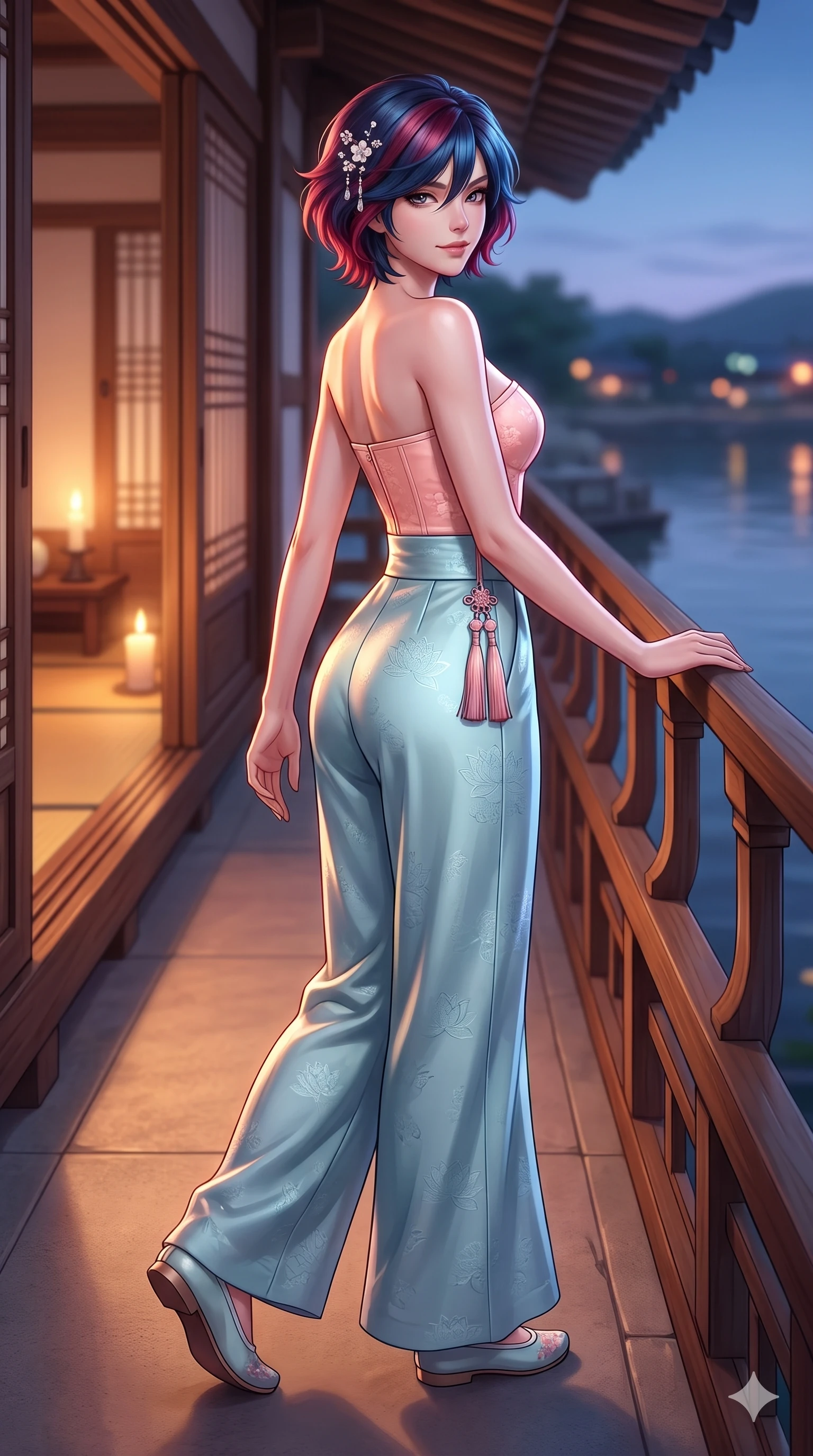 score_9, masterpiece, best quality, ultra-detailed, high-budget anime keyframe, semi-realistic 3D game render, editorial fashion photography, tasteful artistic composition, Korean woman. low angle full-body shot from head to toe showing her feet, filling the entire 9:16 vertical frame with her statuesque presence, stretching her vertical silhouette. walking along the waterfront terrace with poise, looking back over her bare shoulder with an irresistible smoldering bedroom-gaze while leaning deep against the balcony balustrade with hips cocked back in an unapologetically alluring stance, casting an intoxicating glance. The background shows a soft-focus intimate Korean veranda room softened in warm candlelight shallow focus. She has an absolutely perfect, statuesque 8.5-heads proportion, an exceptionally tall and slender model-like female figure with impossibly long slender legs, an ultra-slim waist, a flat toned midriff, narrow delicate ribcage, and beautifully sculpted feminine hips creating a graceful, slim hourglass silhouette without any bulky heaviness. sharp v-shaped jawline, high-bridge nose, sparkling eyes with hypnotic seductive depth, thick curled eyelashes, glossy parted lips with a natural dewy peach sheen, alluring bedroom-eyes with an enchanting coquettish smile, exuding magnetic siren charisma and sophisticated glamour, flawlessly proportioned anatomical accuracy, strict slender model proportions, natural body alignment, perfectly sculpted long slender limbs, ultra-slim waistline, clean dynamic posture without body distortion. wearing a modern strapless boned hanbok bustier with traditional norigae tassel accents paired with high-waisted wide-leg silk trousers in pastel peach blossom and celadon porcelain blue, tailored from rich silk jacquard with subtle embossed lotus blossom patterns, finished with delicate mother-of-pearl hairpin ornaments glinting in her dark glossy hair, the glove-like clinging cut tightly following the natural contour of her hips and long slender legs with youthful 8.5-heads elegance. illuminated by polished floor bounce and sharp rose-gold rim lights defining her razor-sharp jawline, narrow waist, and curvy hips. highly saturated vibrant anime colors, detailed shading with soft gradients, rich glossy textures, high-contrast stereoscopic depth, volumetric dynamic lighting, master piece, 9:16 ratio