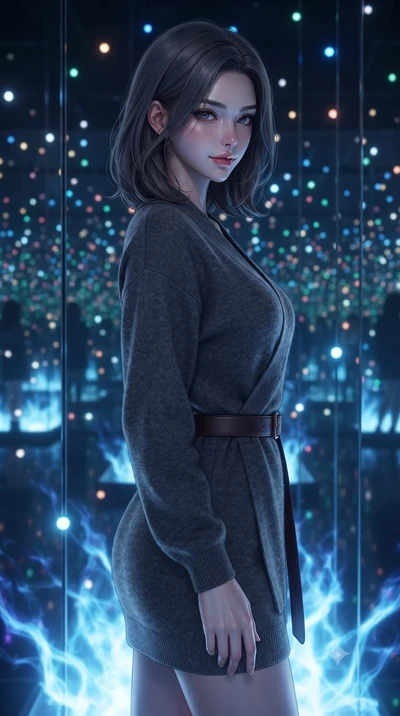 score_9, masterpiece, best quality, ultra-detailed, high-budget anime keyframe, editorial fashion photography, tasteful artistic composition, Korean woman. close-up cowboy shot from the waist and thighs up, the character dominates the composition, fi