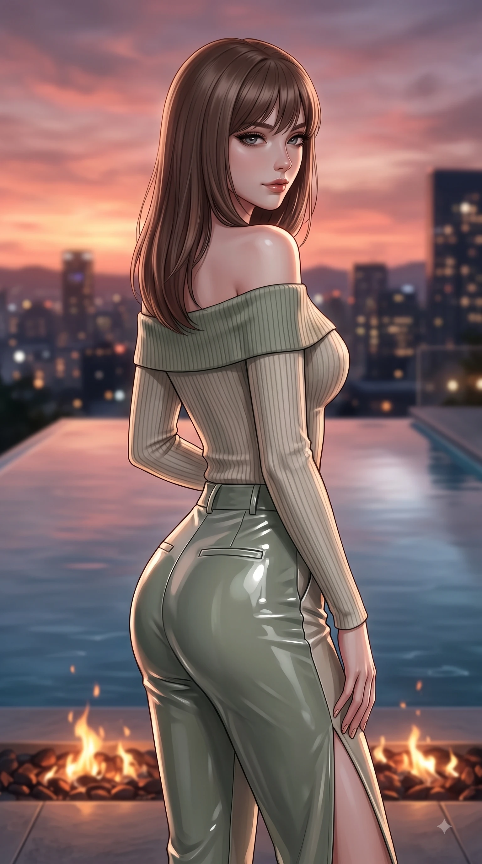 score_9, masterpiece, best quality, ultra-detailed, high-budget anime keyframe, editorial fashion photography, tasteful artistic composition, Korean woman. close-up cowboy shot from the waist and thighs up, the character dominates the composition, filling the frame with her large presence, background elements kept in soft focus. Casting a seductive sidelong gaze over her bare shoulder with heavy lashes and a composed half-smile while pivoting gracefully beside an infinity reflecting pool at sunset as warm rose-gold sky light traces her form, soft moonlight tracing her slender shoulder, graceful clavicle, and contoured waistline elegantly. She has an exceptionally elegant, slender, and willowy female figure with an ultra-slim waist, a gracefully sculpted slender torso, and a refined silhouette. sharp v-shaped jawline, high-bridge nose, intricate jewel-like eyes with depth, thick eyelashes, glossy lips with a natural sheen, flawlessly proportioned anatomical accuracy, natural body alignment, perfectly sculpted elegant limbs, clean dynamic posture without body distortion. wearing a sleek off-shoulder ribbed knit top paired with high-waist tailored pants in sage green and oatmeal, tailored from high-gloss patent leather, finished with a sleek side slit ascending to mid-thigh, the form-contouring material highlighting her ultra-slim waist and long lines. illuminated by glowing hearth embers and dramatic city night rim light. ultra-reflective glossy finish, specular highlights, metallic sheen, high-contrast stereoscopic depth, volumetric dynamic lighting, 2k, ultra detail, master piece, 9:16 ratio