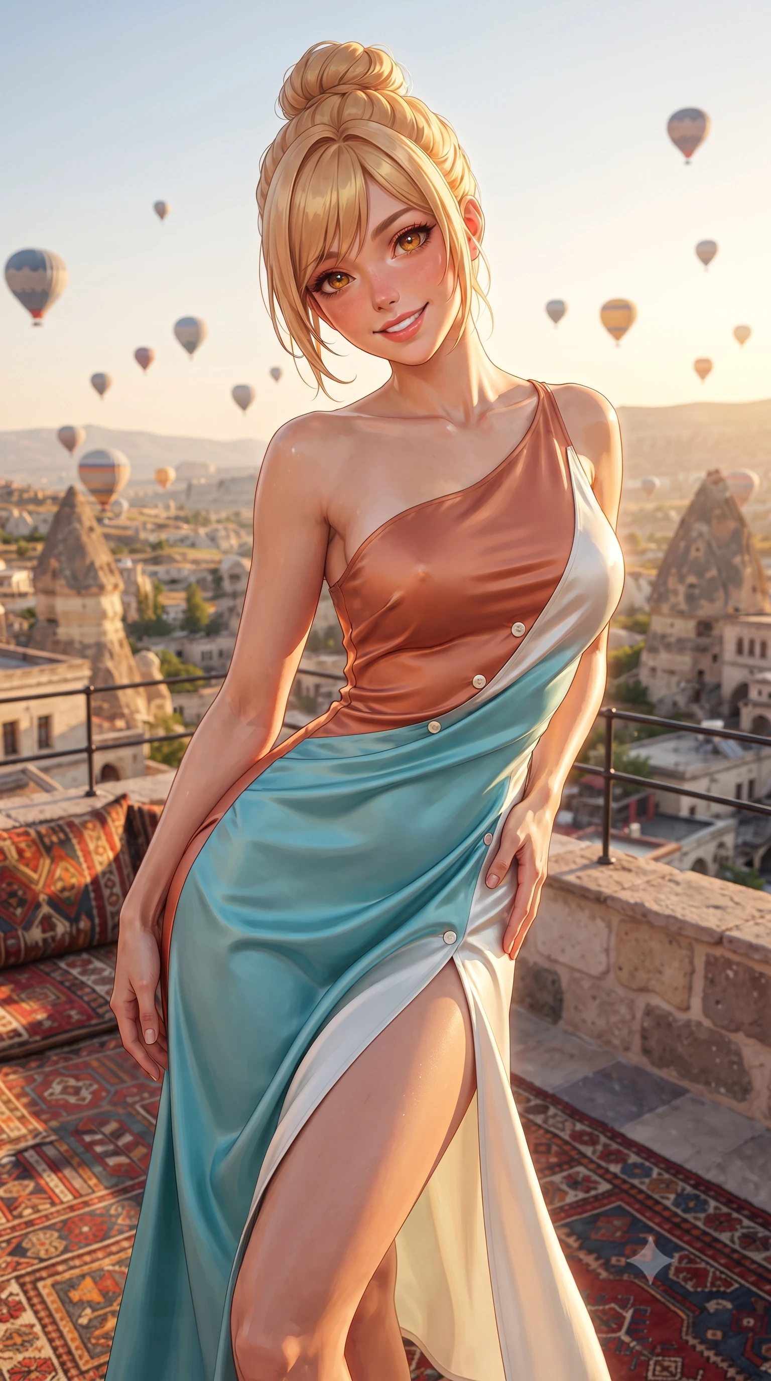 score_9, masterpiece, best quality, ultra-detailed, high-budget anime keyframe, editorial fashion photography, tasteful artistic composition, Caucasian woman. close-up cowboy shot from the waist and thighs up, the character dominates the composition, filling the frame with her large presence. tilting her head with a cute beaming smile while arching her spine with effortless dancer poise, one hand sliding along her hip line in a flirtatious S-curve while standing poised on the rustic stone rooftop terrace with colorful Turkish rugs, arching her back as hot air balloons drift through fairy chimneys. The surrounding environment is rendered in vivid detail and crisp panoramic clarity. detailed resort dress embroidery, golden hour highlights on hair, and Cappadocia landscape clarity in high resolution. She has an exceptionally elegant, slender, and willowy female figure with an ultra-slim waist, flat toned midriff, narrow ribcage, and sculpted feminine hips creating an alluring, slim hourglass silhouette without bulk. sharp v-shaped jawline, high-bridge nose, sparkling amber-hazel eyes with depth, long lush eyelashes, glossy sun-kissed lips with a warm coral glaze, radiant teasing smile with sensual sunlit bedroom-eyes, exuding effortless old-money elegance and intoxicating sun-drenched allure, flawlessly proportioned anatomical accuracy, strict slender model proportions, natural body alignment, perfectly sculpted long slender limbs, ultra-slim waistline, clean dynamic posture without body distortion. wearing an asymmetrical one-shoulder terracotta silk slip dress featuring a high side hip slit and fluid drape in refreshing Aegean turquoise and crisp sea-salt white, made of smooth fluid silk satin with a delicate pearlescent golden sheen, accented with neat front carved mother-of-pearl buttons, the form-contouring cut accentuating her sculpted flat midriff, narrow delicate ribcage, and gracefully curvy hips with sun-drenched supermodel elegance. bathed in glorious golden hour sunset rays washing over the surreal volcanic landscape. ultra-reflective glossy finish, specular highlights, rich textural contrasts, high-contrast stereoscopic depth, volumetric dynamic lighting, 2k, ultra detail, master piece, 9:16 ratio