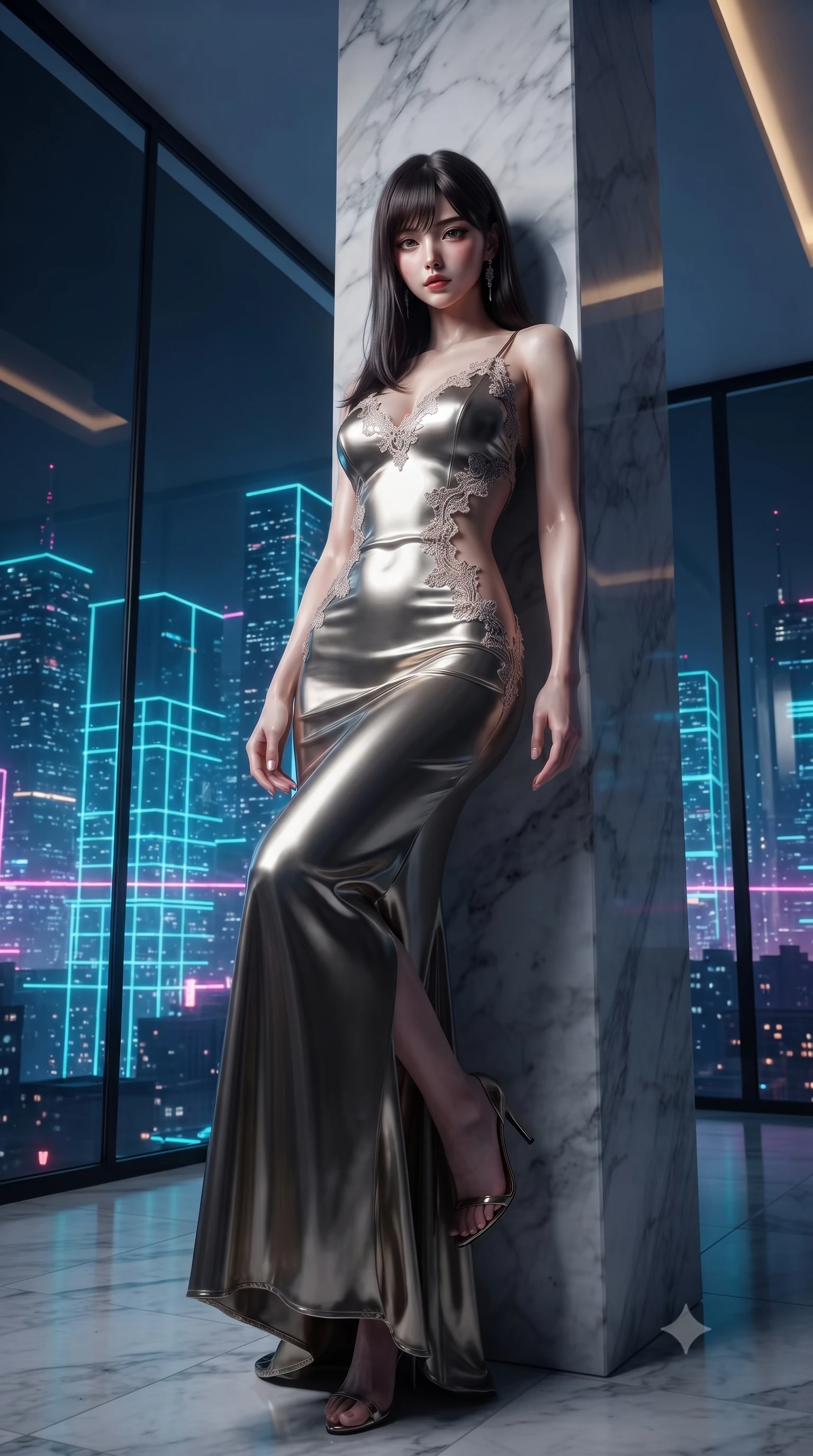 score_9, masterpiece, best quality, ultra-detailed, High-budget Anime Keyframe, editorial fashion photography, tasteful artistic composition, realistic cosplay photography, East Asian woman. Low angle cowboy shot filling the entire 9:16 frame with her statuesque presence. Scenario 286: leaning against a cold marble pillar inside a luxury penthouse with floor-to-ceiling glass walls overlooking a neon grid. Her presence is magnetic and overpowering in this high-budget cinematic scene. Outfit 286: a slim-fit molten liquid silk liquid with a strategic side cut-outs and delicate lace embroidery. The clothing is designed to emphasize her exceptionally tall and slender 8-heads proportion. 8-heads proportion, towering silhouette, ultra-slim waist. sharp v-shaped jawline, intricate jewel-like eyes with depth, thick eyelashes, glossy lips. ultra-reflective glossy finish, specular highlights, metallic sheen, high-contrast stereoscopic depth, volumetric dynamic lighting, 2k, ultra detail, master piece, 9:16 ratio