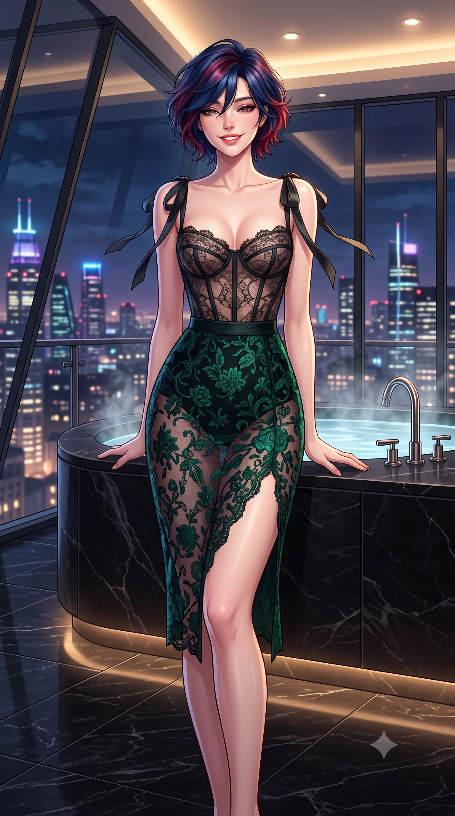 score_9, masterpiece, best quality, ultra-detailed, high-budget anime keyframe, semi-realistic 3D game render, editorial fashion photography, tasteful artistic composition, Korean woman. close-up cowboy shot from the waist and thighs up, the character dominates the composition, filling the frame with her large presence. leaning back against the balustrade with relaxed seductive grace, head tilted back slightly while casting a hypnotic, heavy-lidded gaze while lounging in the steaming water propped on the dark stone rim with legs extended, her statuesque 8.5-heads silhouette commanding the metropolis. The surrounding environment is rendered in vivid detail and crisp panoramic clarity: sharp structural glass corner bevels, honed black marble floor veining, and polished nickel tap fittings in deep focus. She has an exceptionally elegant, slender, and willowy female figure with an ultra-slim waist, flat toned midriff, narrow ribcage, and sculpted feminine hips creating an alluring, slim hourglass silhouette without bulk. sharp v-shaped jawline, high-bridge nose, intricate jewel-like sparkling eyes with depth, thick eyelashes, glossy parted lips with a natural peach sheen, bright cheerful beaming smile with an enchanting and coquettish sensual glint, exuding both youthful cute charm and seductive allure, flawlessly proportioned anatomical accuracy, strict slender model proportions, natural body alignment, perfectly sculpted long slender limbs, ultra-slim waistline, clean dynamic posture without body distortion. wearing a sculpted underwire corset in sheer British lace with exposed boning paired with a high-waisted sheer pencil skirt with back slit in Mayfair midnight noir and emerald velvet green, made of delicate embroidered tulle lace with intricate floral motifs and soft transparency, finished with satin ribbon ties at the shoulders fluttering in the gentle breeze, the high-slit wrap tailoring accentuating her ultra-slim waistline and the enchanting curve of her feminine hips with alluring seductive charm. bathed in the cool ambient glow of the illuminated London skyline mixed with warm 2800K recessed cove downlights. highly saturated vibrant anime colors, detailed shading with soft gradients, rich glossy textures, high-contrast stereoscopic depth, volumetric dynamic lighting, master piece, 9:16 ratio