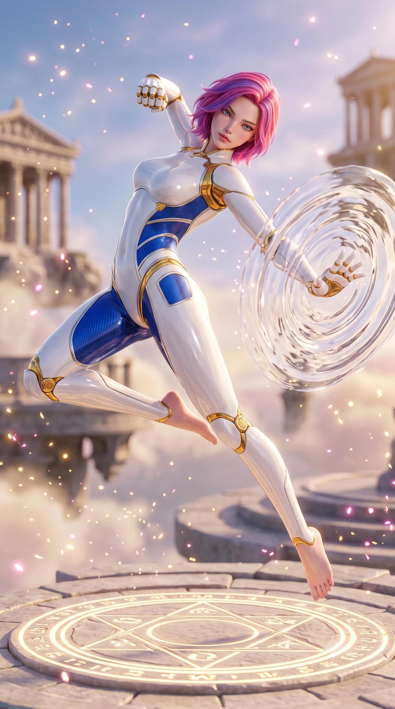 score_9, masterpiece, best quality, ultra-detailed, high-budget anime keyframe, semi-realistic 3D game render, editorial fashion photography, tasteful artistic composition, Caucasian woman. low angle full-body shot from head to toe showing her feet, filling the entire 9:16 vertical frame with her statuesque presence, stretching her vertical silhouette. leaping into mid-air with an athletic yet alluring arch of her spine, driving a downward kinetic strike surrounded by a ring of displaced air while pivoting dynamically on a circular stone glyph platform as she unleashes a high-frequency vibration palm strike into the open air. The composition keeps background elements in soft focus with creamy bokeh. sparkling energy particles and golden light motes scattering radiance across a sacred sky backdrop. She has an absolutely perfect, statuesque 8.5-heads proportion, an exceptionally tall and slender model-like female figure with impossibly long slender legs, a toned flat midriff, and an ultra-slim waist. sharp v-shaped jawline, high-bridge nose, intricate jewel-like eyes with depth, thick eyelashes, glossy lips with a natural sheen, flawlessly proportioned anatomical accuracy, strict slender model proportions, natural body alignment, perfectly sculpted long slender limbs, ultra-slim waistline, clean dynamic posture without body distortion. wearing a form-contouring arctic white carbon-composite martial arts leotard with solar gold articulation joints and diagonal midriff vents in electric cobalt blue carbon with polished platinum trim, formed from high-gloss patent carbon-plating with specular chiaroscuro reflections, detailed with magnetic knuckle shock-absorbers and polished chrome articulation joints, the sleek second-skin cut tightly hugging her graceful clavicle, narrow waist, and feminine curves with athletic precision. illuminated by crisp specular highlights tracing her sculpted flat midriff, bare spine, and slender limbs. rich saturated anime colors with glowing neon highlights, detailed shading with soft gradients, rich glossy textures, high-contrast stereoscopic depth, volumetric dynamic lighting, master piece, 9:16 ratio