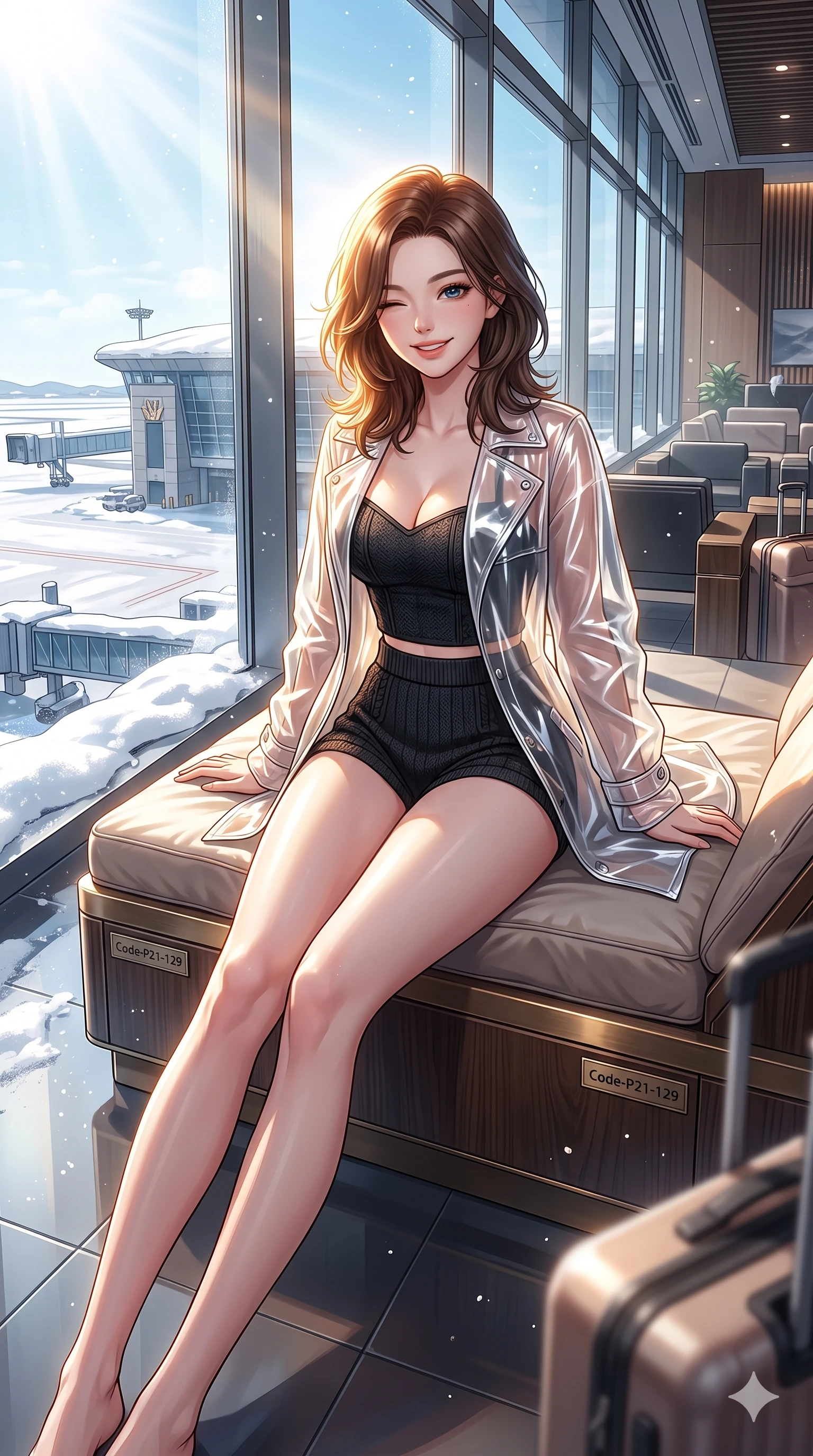 score_9, masterpiece, best quality, ultra-detailed, high-budget anime keyframe, vibrant anime aesthetic, Korean woman. cowboy shot from the thighs up, character and outfit filling the frame for maximum presence. She is sitting on a resort sunbed, winking and smiling cheerfully at the viewer in snow inside a premium airport lounge under winter morning rays (Code-P21-129). She has an absolutely perfect 8-heads proportion, an exceptionally tall and slender female figure with impossibly long slender legs and an ultra-slim waist. V-shaped jawline, high-bridge nose, intricate jewel-like eyes with depth, thick eyelashes, glossy lips with a natural sheen. wearing a translucent high-shine jacket over a black textured bodice and knit shorts in winter. She is drenched in brilliant midday winter sunbeams, casting a radiant halo around her hair. 2k, ultra detail, master piece, 9:16 ratio