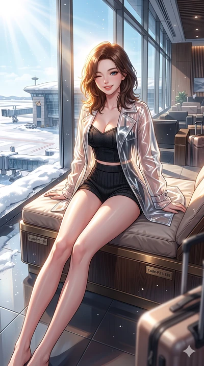 score_9, masterpiece, best quality, ultra-detailed, high-budget anime keyframe, vibrant anime aesthetic, Korean woman. cowboy shot from the thighs up, character and outfit filling the frame for maximum presence. She is sitting on a resort sunbed, win