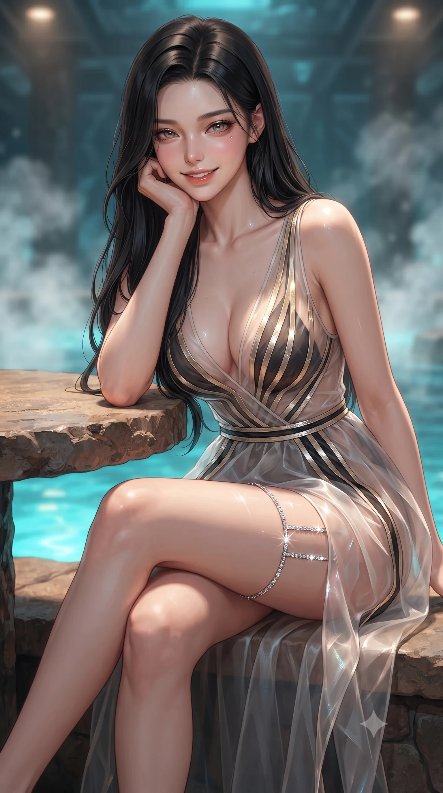 score_9, masterpiece, best quality, ultra-detailed, high-budget anime keyframe, editorial fashion photography, tasteful artistic composition, Korean woman. close-up cowboy shot from the waist and thighs up, the character dominates the composition, filling the frame with her large presence. resting one elbow on the table and supporting her chin, leaning close to the camera with heavy-lidded sparkling eyes and parted lips while sitting gracefully on the heated basalt ledge with legs crossed, flashing an enchanting smile with parted glossy lips. The background shows a soft-focus sub-glacial mineral steam softened in deep-ice submarine launch bay shallow focus. She has an exceptionally elegant, slender, and willowy female figure with an ultra-slim waist, flat toned midriff, narrow ribcage, and sculpted feminine hips creating an alluring, slim hourglass silhouette without bulk. sharp v-shaped jawline, high-bridge nose, intricate jewel-like sparkling eyes with depth, thick eyelashes, glossy parted lips with a natural peach sheen, bright cheerful beaming smile with an enchanting and coquettish sensual glint, exuding both youthful cute charm and seductive allure, flawlessly proportioned anatomical accuracy, strict slender model proportions, natural body alignment, perfectly sculpted long slender limbs, ultra-slim waistline, clean dynamic posture without body distortion. wearing a plunge-front sheer illusion tulle combat slip dress with liquid platinum ribbon stripes hugging her curves in singularity accretion gold and space void onyx, crafted from translucent silk organza with an ethereal crystalline sheen, finished with delicate crystal-encrusted thigh garter straps glinting in the dim light, the high-slit wrap tailoring accentuating her ultra-slim waistline and the enchanting curve of her feminine hips with alluring seductive charm. bathed in brilliant turquoise water up-light combined with warm 2800K platform recessed downlights. ultra-reflective glossy finish, specular highlights, rich textural contrasts, high-contrast stereoscopic depth, volumetric dynamic lighting, 2k, ultra detail, master piece, 9:16 ratio