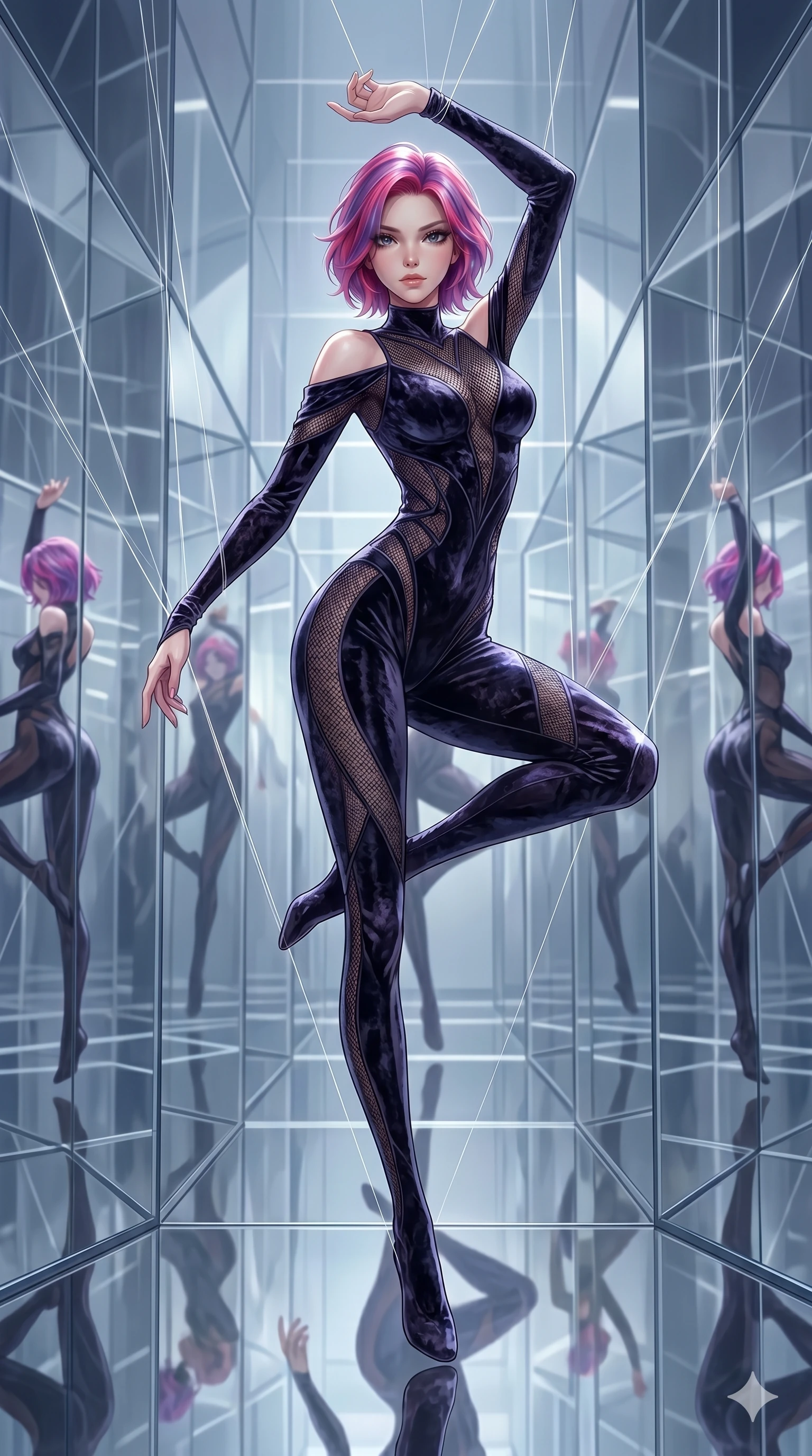 score_9, masterpiece, best quality, ultra-detailed, High-budget Anime Keyframe, East Asian woman. Dynamic full-body shot stretching the vertical silhouette to the limit. Scenario 76: Suspended by invisible silk threads in a hall of mirrors. Her presence is magnetic and overpowering in this high-budget anime scene. Outfit 76: A crushed dark velvet mesh with a low-cut shoulder and tight-fitting silhouette. The clothing is designed to emphasize her exceptionally tall and slender 8-heads proportion. 8-heads proportion, towering silhouette, ultra-slim waist. sharp v-shaped jawline, intricate jewel-like eyes with depth, thick eyelashes, glossy lips. 2k, ultra detail, master piece, 9:16 ratio