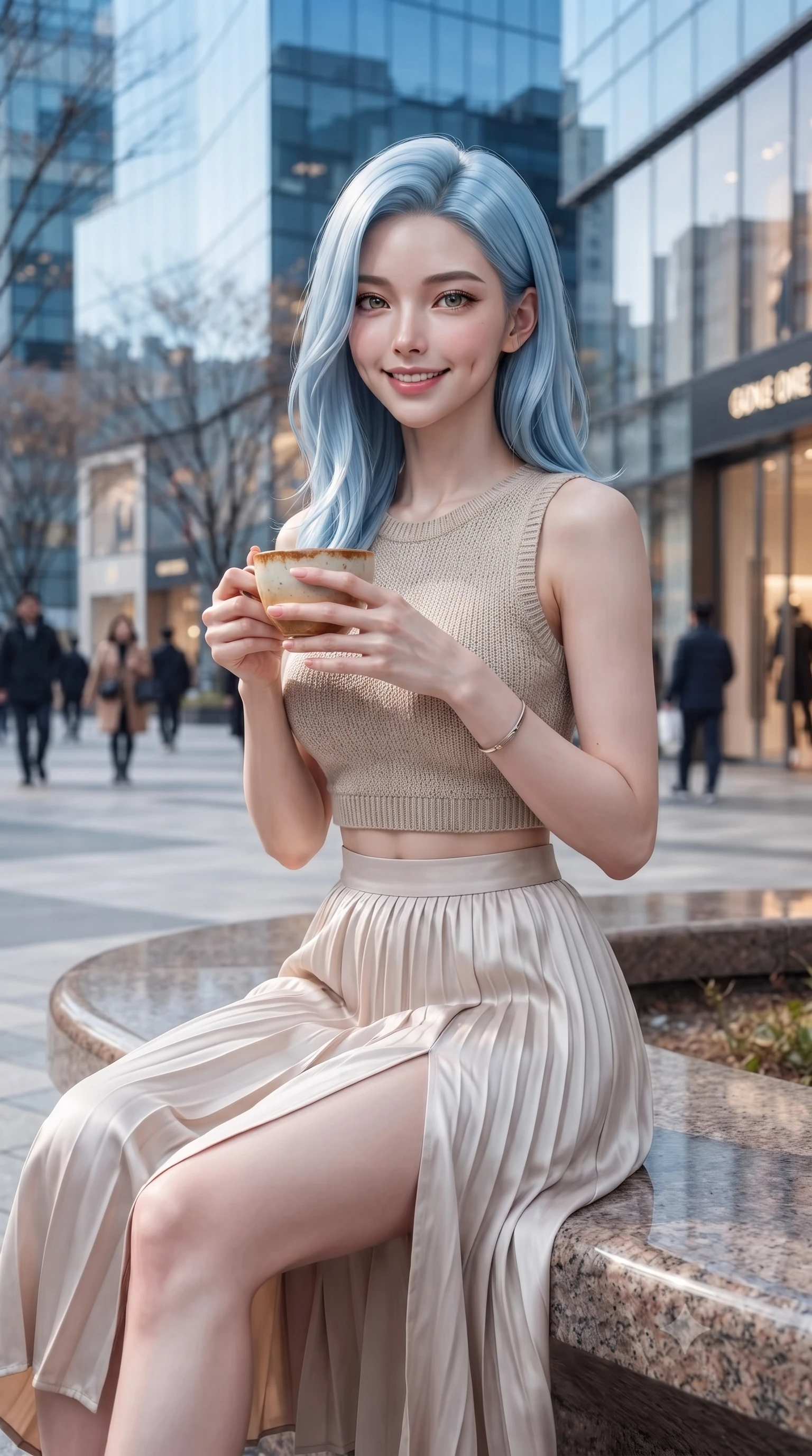 score_9, masterpiece, best quality, ultra-detailed, high-budget anime keyframe, editorial fashion photography, tasteful artistic composition, Korean woman. close-up cowboy shot from the waist and thighs up, the character dominates the composition, filling the frame with her large presence, background elements kept in soft focus. smiling with soft, cute dimples, holding a warm cup of tea with both hands set against a soft-focus background of in a bustling fashion district plaza with glass buildings and designer stores with modern glass shop fronts reflecting the blue sky and trees. She has an exceptionally elegant, slender, and willowy female figure with an ultra-slim waist, a gracefully sculpted slender torso, and a refined silhouette. sharp v-shaped jawline, high-bridge nose, intricate jewel-like eyes with depth, thick eyelashes, glossy lips with a natural sheen. wearing tailored crop top in oatmeal knit paired with a flowy midi skirt featuring a high side slit. cool midday daylight creating a clean, high-key editorial look in the plaza. ultra-reflective glossy finish, specular highlights, metallic sheen, high-contrast stereoscopic depth, volumetric dynamic lighting, 2k, ultra detail, master piece, 9:16 ratio