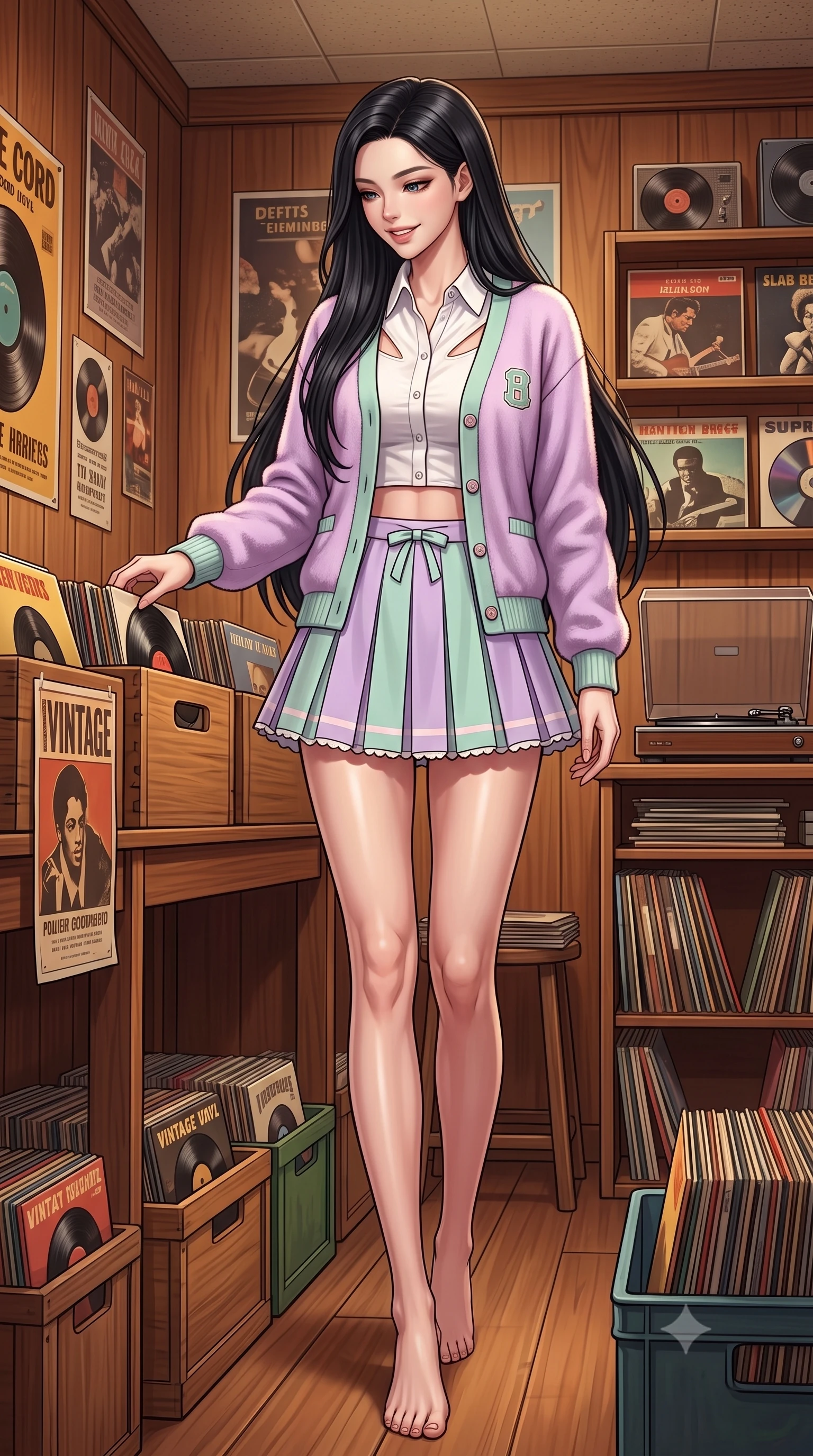 score_9, masterpiece, best quality, ultra-detailed, high-budget anime keyframe, semi-realistic 3D game render, editorial fashion photography, tasteful artistic composition, Korean woman. low angle full-body shot from head to toe showing her feet, filling the entire 9:16 vertical frame with her statuesque presence, stretching her vertical silhouette. striding forward in a proud, dynamic supermodel runway stride, her statuesque vertical silhouette commanding the entire frame while browsing through crates of vintage vinyl records in a cozy, wood-paneled record shop with a fascinated, sweet smile. The surrounding environment is rendered in vivid detail and crisp panoramic clarity. warm vintage analog chiaroscuro and sophisticated jazz sanctuary aesthetics rendered with precision. She has an absolutely perfect, statuesque 8.5-heads proportion, an exceptionally tall and slender model-like female figure with impossibly long slender legs, a toned flat midriff, and an ultra-slim waist. sharp v-shaped jawline, high-bridge nose, intricate jewel-like eyes with depth, thick eyelashes, glossy lips with a natural sheen, captivating and magnetic expression, flawlessly proportioned anatomical accuracy, strict slender model proportions, natural body alignment, perfectly sculpted long slender limbs, ultra-slim waistline, clean dynamic posture without body distortion. wearing a preppy 80s varsity cardigan sweater layered over a crisp collared button-down shirt and a tennis pleated skirt in pastel lilac and mint green, crafted from ultra-soft brushed fleece and vintage-washed jersey, finished with a dainty waist ribbon bow and scalloped hemline trims, the precision-cut daring openings accentuating her delicate midriff, graceful bare collarbones, and ultra-slim feminine waistline. surrounded by a classy, soulful, and deeply romantic retro audiophile sweetheart aura. highly saturated vibrant anime colors, detailed shading with soft gradients, rich glossy textures, high-contrast stereoscopic depth, volumetric dynamic lighting, master piece, 9:16 ratio