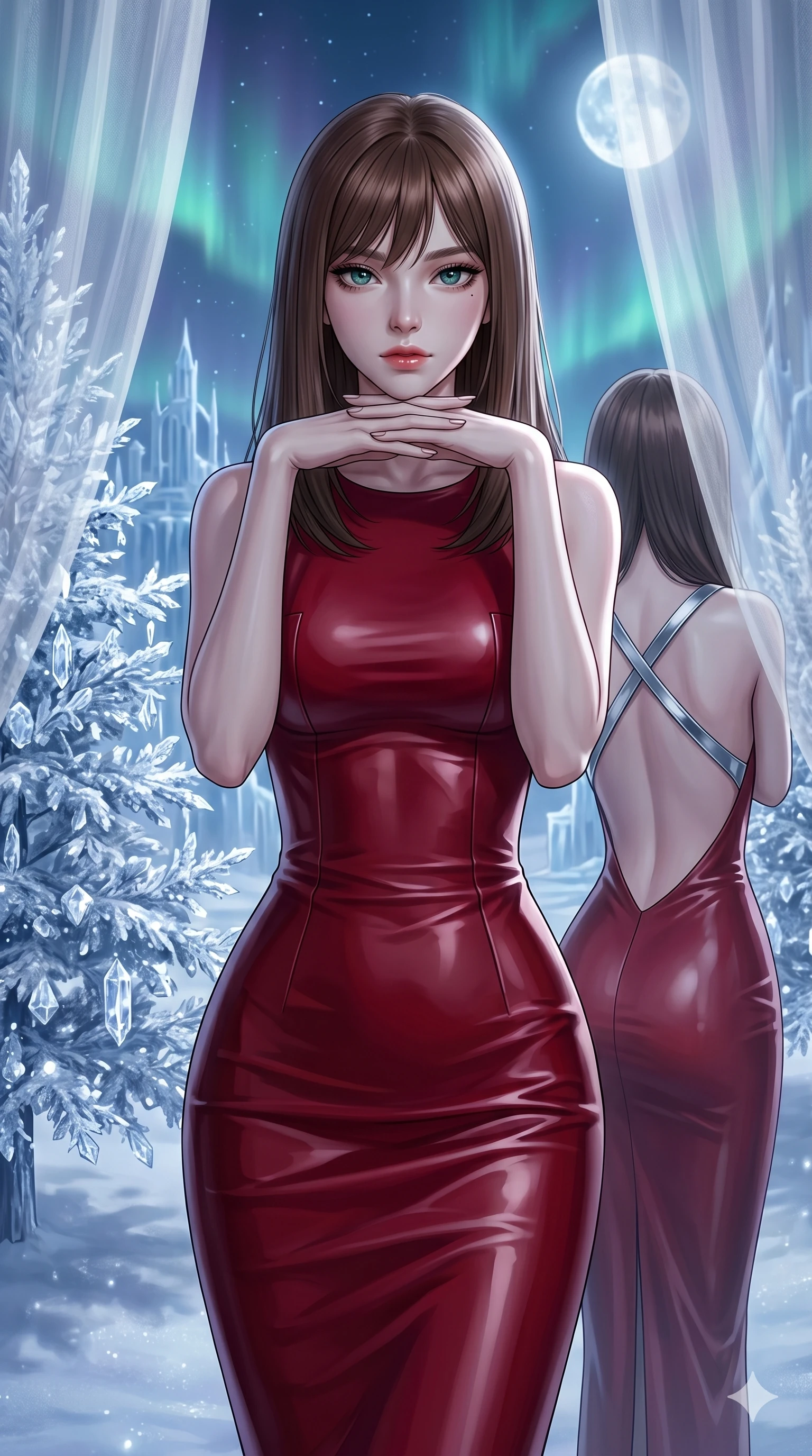 score_9, masterpiece, best quality, ultra-detailed, high-budget anime keyframe, editorial fashion photography, tasteful artistic composition, Korean woman. cowboy shot from the thighs up, character and outfit filling the frame for maximum editorial presence. Resting her chin on the backs of her fingers in a confident pose within a dreamlike floating winter kingdom with frozen crystal trees and aurora skies. She has an absolutely perfect 8-heads proportion, an exceptionally tall and slender female figure with impossibly long slender legs and an ultra-slim waist. V-shaped jawline, high-bridge nose, intricate jewel-like eyes with depth, thick eyelashes, glossy lips with a natural sheen. wearing a structured deep-cherry-red fashion-latex fitted dress with a clean architectural front and a dramatic open-back design with a single criss-cross strap in chrome across the open-back design. bathed in cold silver moonlight filtered through translucent gossamer curtains casting soft shadows on her elegant contours. 2k, ultra detail, master piece, 9:16 ratio