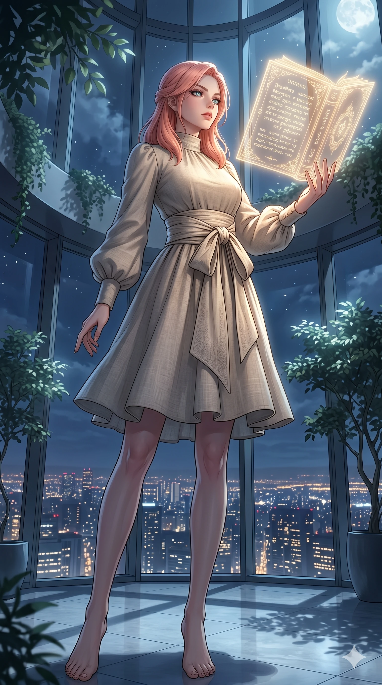 score_9, masterpiece, best quality, ultra-detailed, high-budget anime keyframe, editorial fashion photography, tasteful artistic composition, Japanese woman. low angle full-body shot from head to toe showing her feet, filling the entire 9:16 vertical frame with her statuesque presence, stretching her vertical silhouette. gazing at a floating glowing manuscript, her expression composed, intelligent and powerful in a high-rise sky lobby with panoramic windows showing a glowing metropolis (Code-P18-014). She has an absolutely perfect 8-heads proportion, an exceptionally tall and slender female figure with impossibly long slender legs and an ultra-slim waist. V-shaped jawline, high-bridge nose, intricate jewel-like eyes with depth, thick eyelashes, glossy lips with a natural sheen. wearing a high-neck linen sundress with long puffed sleeves and a wide sash. soft silver moonlight filtered through the leaves, creating a mystical and elegant glow. 2k, ultra detail, master piece, 9:16 ratio