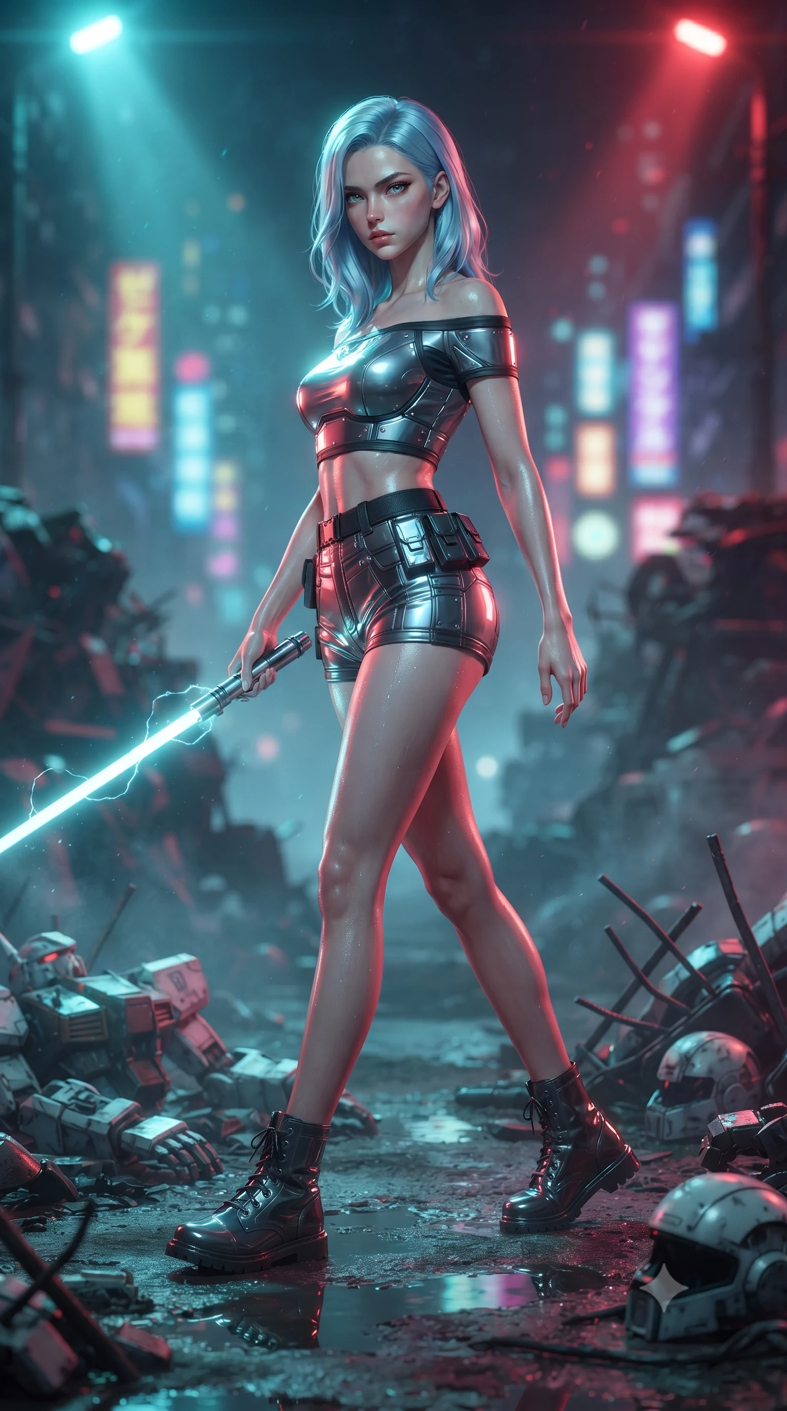 score_9, masterpiece, best quality, ultra-detailed, high-budget anime keyframe, editorial fashion photography, tasteful artistic composition, Korean woman. low angle full-body shot from head to toe showing her feet, filling the entire 9:16 vertical frame with her statuesque presence, stretching her vertical silhouette. stepping gracefully through battlefield debris with a glowing saber hilt in hand, looking back over her shoulder, the background shows a soft-focus a scrap metal collection yard surrounded by neon signs from a distant city. She has an absolutely perfect, statuesque 8.5-heads proportion, an exceptionally tall and slender model-like female figure with impossibly long slender legs and an ultra-slim waist. sharp v-shaped jawline, high-bridge nose, intricate jewel-like eyes with depth, thick eyelashes, glossy lips with a natural sheen. wearing a body-hugging chic off-shoulder carbon-plate crop top, paired with high-waisted utility micro-shorts. strobing cyan and red club lights from above reflecting off her metallic armor. ultra-reflective glossy finish, specular highlights, metallic sheen, high-contrast stereoscopic depth, volumetric dynamic lighting, 2k, ultra detail, master piece, 9:16 ratio
