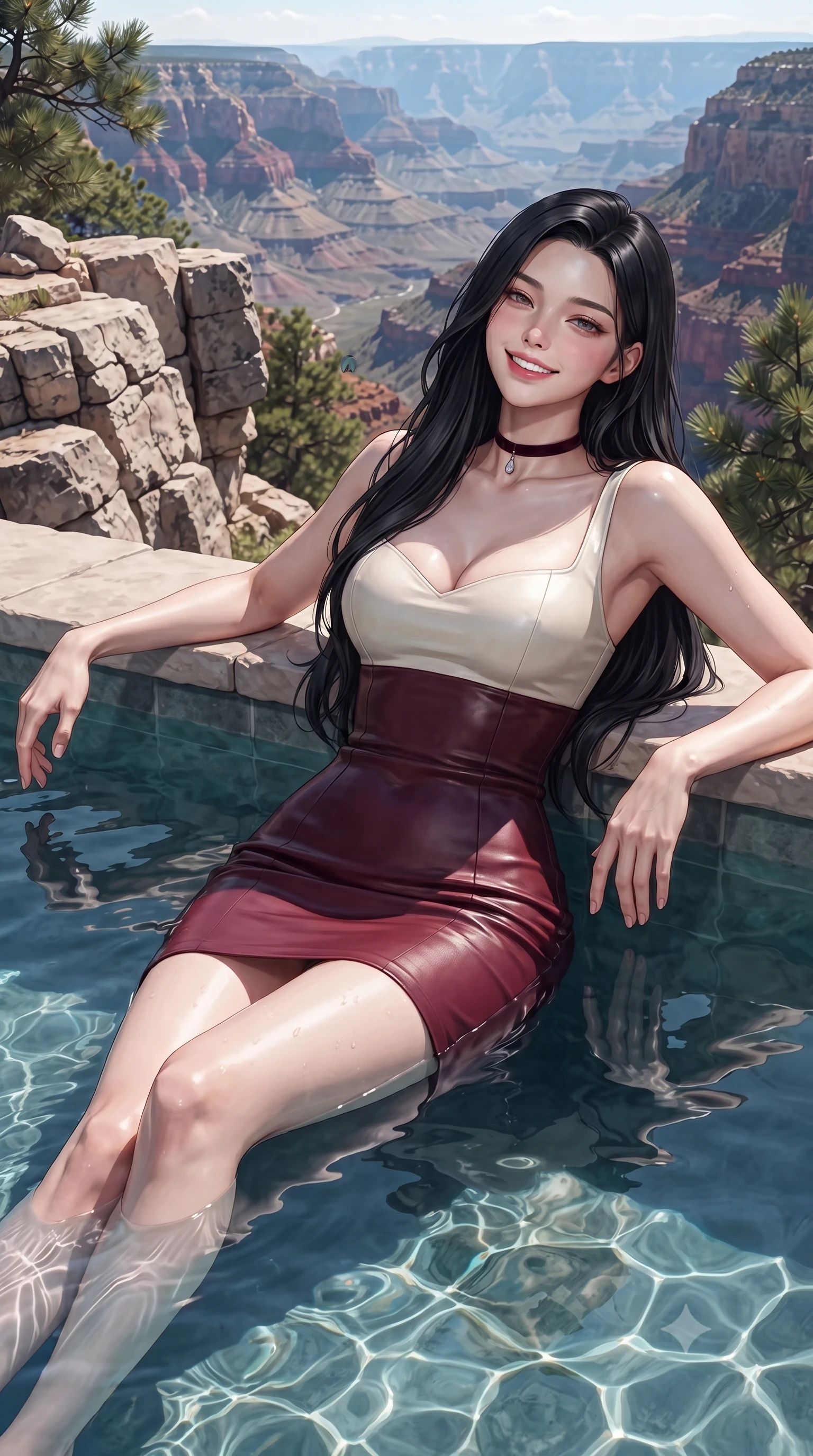 score_9, masterpiece, best quality, ultra-detailed, high-budget anime keyframe, editorial fashion photography, tasteful artistic composition, Korean woman. close-up cowboy shot from the waist and thighs up, the character dominates the composition, filling the frame with her large presence. leaning back against the balustrade with relaxed seductive grace, head tilted back slightly while casting a hypnotic, heavy-lidded gaze while lounging in the heated water propped on the pool rim with legs extended, her statuesque 8.5-heads silhouette commanding the canyon panorama. The surrounding environment is rendered in vivid detail and crisp panoramic clarity: sharp rough-hewn limestone rock strata, crystal-clear pool water surface caustics, and alpine pine needles in deep focus. She has an exceptionally elegant, slender, and willowy female figure with an ultra-slim waist, flat toned midriff, narrow ribcage, and sculpted feminine hips creating an alluring, slim hourglass silhouette without bulk. sharp v-shaped jawline, high-bridge nose, intricate jewel-like sparkling eyes with depth, thick eyelashes, glossy parted lips with a natural peach sheen, bright cheerful beaming smile with an enchanting and coquettish sensual glint, exuding both youthful cute charm and seductive allure, flawlessly proportioned anatomical accuracy, strict slender model proportions, natural body alignment, perfectly sculpted long slender limbs, ultra-slim waistline, clean dynamic posture without body distortion. wearing an ultra-sleek stretch lambskin leather sheath dress accentuating her slim waistline in Belvedere ivory pearl and Habsburg bordeaux wine, made of fluid liquid jersey with seamless sculpting hold and smooth contours, finished with a thin velvet ribbon choker and a single teardrop diamond pendant, the bespoke structured tailoring following the natural line of her 8.5-heads silhouette with refined elegance. illuminated by pool water reflection bounce and sharp platinum-cyan rim lights defining her dewy collarbones, ultra-slim waist, and curvy hips. ultra-reflective glossy finish, specular highlights, rich textural contrasts, high-contrast stereoscopic depth, volumetric dynamic lighting, 2k, ultra detail, master piece, 9:16 ratio