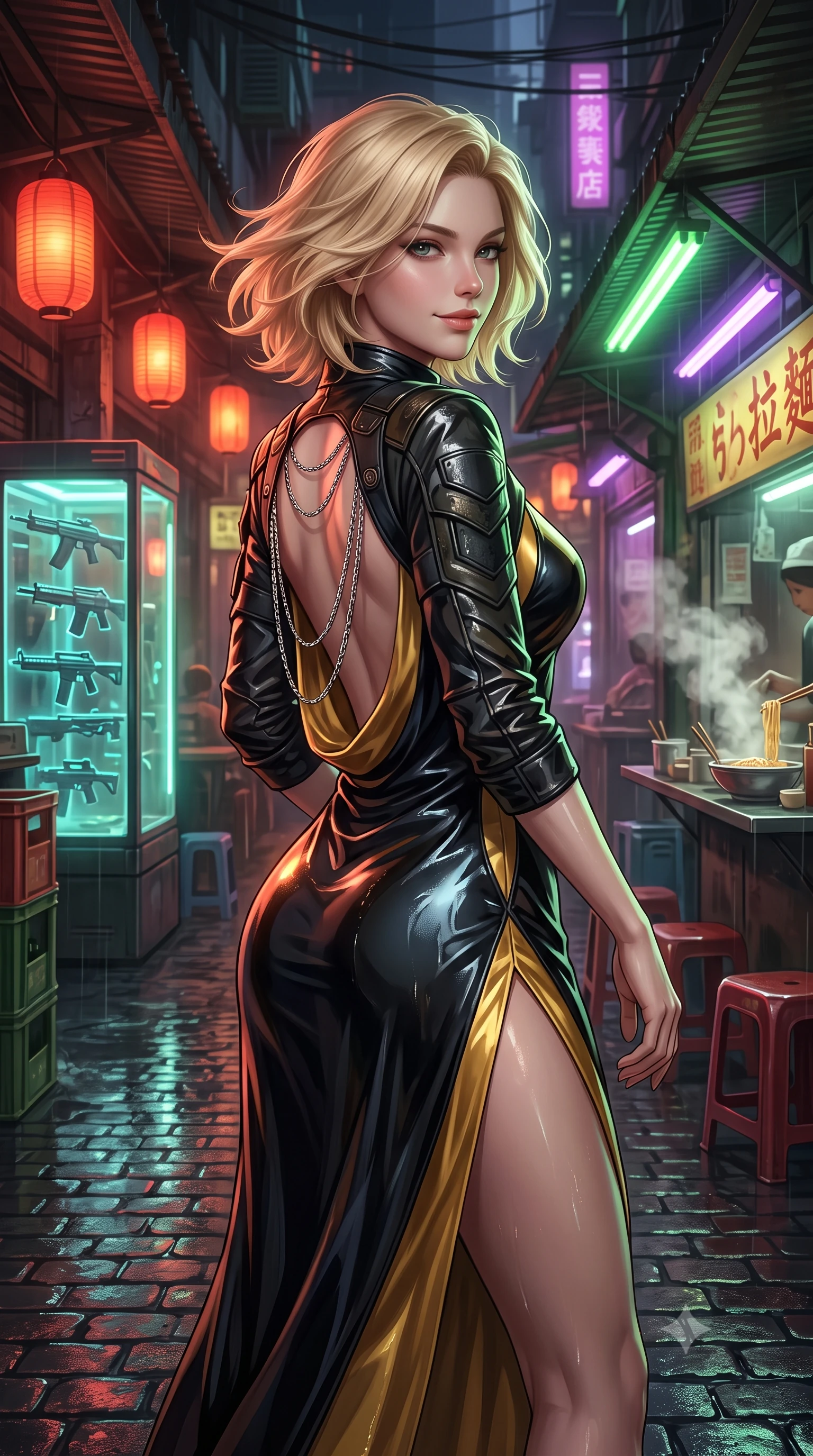score_9, masterpiece, best quality, ultra-detailed, high-budget anime keyframe, semi-realistic 3D game render, editorial fashion photography, tasteful artistic composition, Caucasian woman. close-up cowboy shot from the waist and thighs up, the character dominates the composition, filling the frame with her large presence. turning slowly with an enchanting smoldering smile, her glossy hair tossing in the breeze as her hips angle gracefully in a captivating contrapposto while standing poised on the wet cobblestones between glowing holographic weapon display cases, arching her spine with seductive combat poise as aromatic noodle steam rises. The surrounding environment is rendered in vivid detail and crisp panoramic clarity: detailed tactical jacket tailoring, vibrant anime shading, and gritty subterranean urban craft in razor-sharp precision. She has an exceptionally elegant, slender, and willowy female figure with an ultra-slim waist, flat toned midriff, narrow ribcage, and sculpted feminine hips creating an alluring, slim hourglass silhouette without bulk. sharp v-shaped jawline, high-bridge nose, intricate jewel-like sparkling eyes with depth, thick eyelashes, glossy parted lips with a natural peach sheen, bright cheerful beaming smile with an enchanting and coquettish sensual glint, exuding both youthful cute charm and seductive allure, flawlessly proportioned anatomical accuracy, strict slender model proportions, natural body alignment, perfectly sculpted long slender limbs, ultra-slim waistline, clean dynamic posture without body distortion. wearing a form-contouring gossamer silk chiffon combat slip dress with a hip-high slit and open cowl back clinging with dewy moisture in solar-wind gold and deep space void black, tailored from high-gloss patent leather with mirror-like specular highlights, accented with an open-back drape framed by falling strands of delicate chrome chains, the bespoke structured tailoring following the natural line of her 8.5-heads silhouette with refined elegance. bathed in warm 2200K crimson lantern light combined with vibrant green and ultraviolet market stall tube lights. highly saturated vibrant anime colors, detailed shading with soft gradients, rich glossy textures, high-contrast stereoscopic depth, volumetric dynamic lighting, master piece, 9:16 ratio