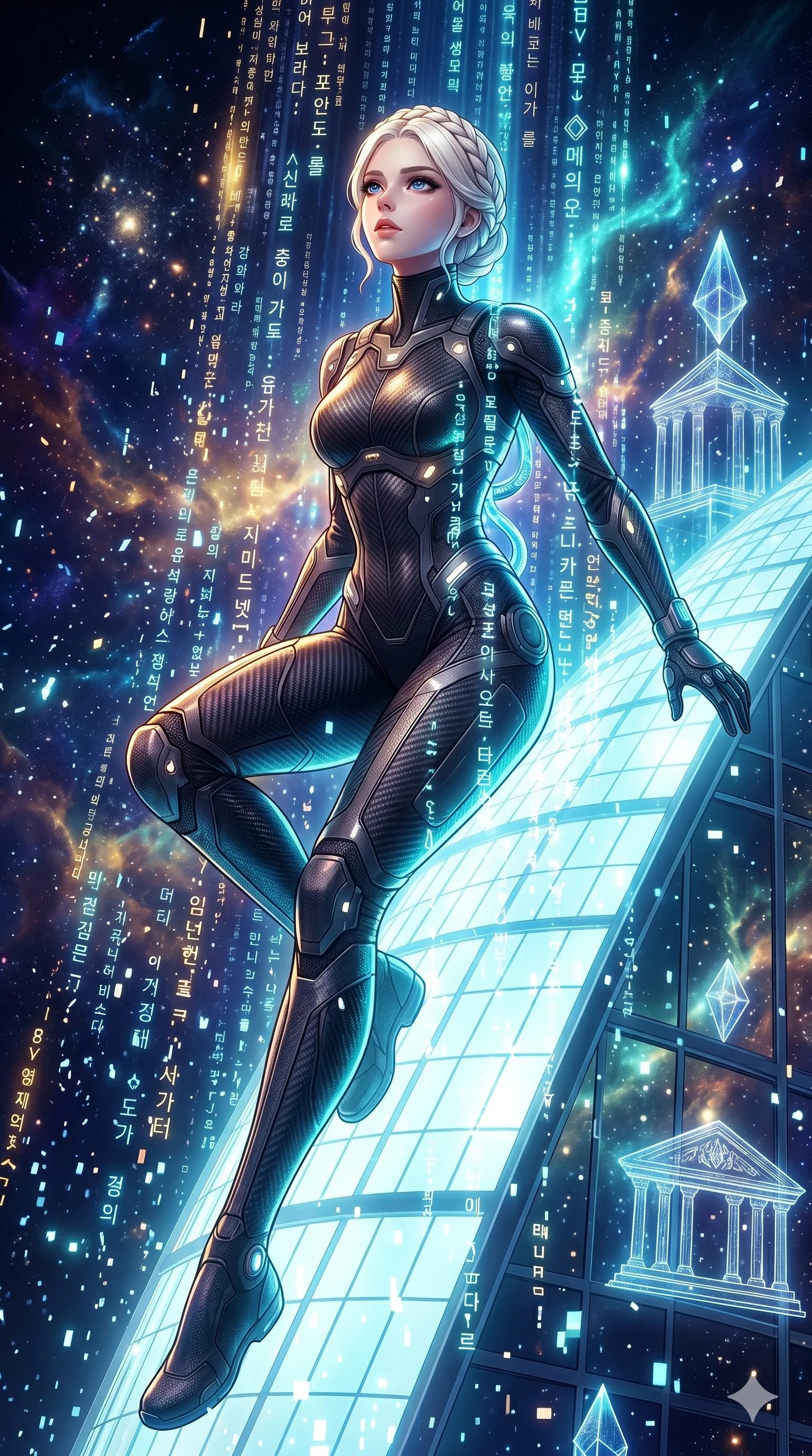 score_9, masterpiece, best quality, ultra-detailed, Set A: High-budget Anime Keyframe, Korean woman. Upper body close-up from the thighs up, character filling the screen for maximum presence. Theme: Abstract Cosmic. sliding down a glass skyscraper in a temple made of solid light, as a digital rain of 247 symbols washes over her. The atmosphere is filled with a blizzard of digital pixels. She has an absolutely perfect 8-heads proportion, an exceptionally tall and slender female figure with impossibly long slender legs and an ultra-slim waist. Sharp v-shaped jawline, high-bridge nose, intricate jewel-like eyes with depth, glossy lips. Wearing Interstellar pilot suit with glowing oxygen-tubes and a sleek carbon-fiber frame. Cinematic lighting, vivid colors, dramatic shadows, 2k, ultra detail, master piece, 9:16 ratio