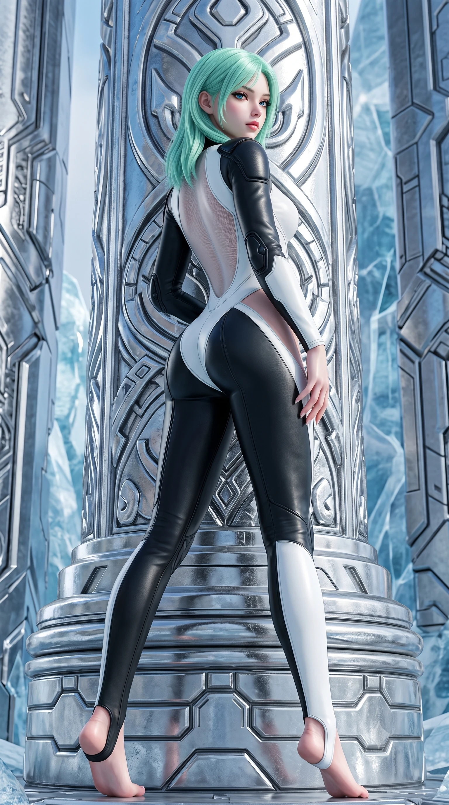 score_9, masterpiece, best quality, ultra-detailed, high-budget anime keyframe, semi-realistic 3D game render, editorial fashion photography, tasteful artistic composition, Japanese woman. low angle full-body shot from head to toe showing her feet, filling the entire 9:16 vertical frame with her statuesque presence, stretching her vertical silhouette. executing an elegant mid-motion pivot turn as garments swirl around her slender limbs, glancing over her shoulder with an intoxicating bedroom-gaze while leaning back against a colossal chrome runestone pillar with hips cocked in an unapologetically bold high-fashion contrapposto stance. The surrounding environment is rendered in vivid detail and crisp panoramic clarity. sharp chrome runestone carvings, glacier ice fissure clarity, and titanium armor panel seams in deep focus. She has an absolutely perfect, statuesque 8.5-heads proportion, an exceptionally tall and slender model-like female figure with impossibly long slender legs, a toned flat midriff, an ultra-slim waist, and beautifully sculpted feminine hips. sharp v-shaped jawline, high-bridge nose, intricate jewel-like eyes with depth, thick eyelashes, glossy parted lips with a natural sheen, intensely captivating and seductive bedroom-eyes expression, flawlessly proportioned anatomical accuracy, strict slender model proportions, natural body alignment, perfectly sculpted long slender limbs, ultra-slim waistline, clean dynamic posture without body distortion. wearing a form-contouring high-tech valkyrie jumpsuit featuring sheer contouring mesh panels and reinforced shoulders in high-contrast black ski leather and arctic white, tailored from supple second-skin lambskin leather adhering to her curves, finished with high-mobility flexible armor joints and magnetic gear clasps, the precision-cut side openings and low-back scoop framing her graceful spine and the sensual sweep of her hips. surrounded by an indomitable, lethal, and breathtakingly majestic cyber-valkyrie goddess aura. highly saturated vibrant anime colors, detailed shading with soft gradients, rich glossy textures, high-contrast stereoscopic depth, volumetric dynamic lighting, master piece, 9:16 ratio