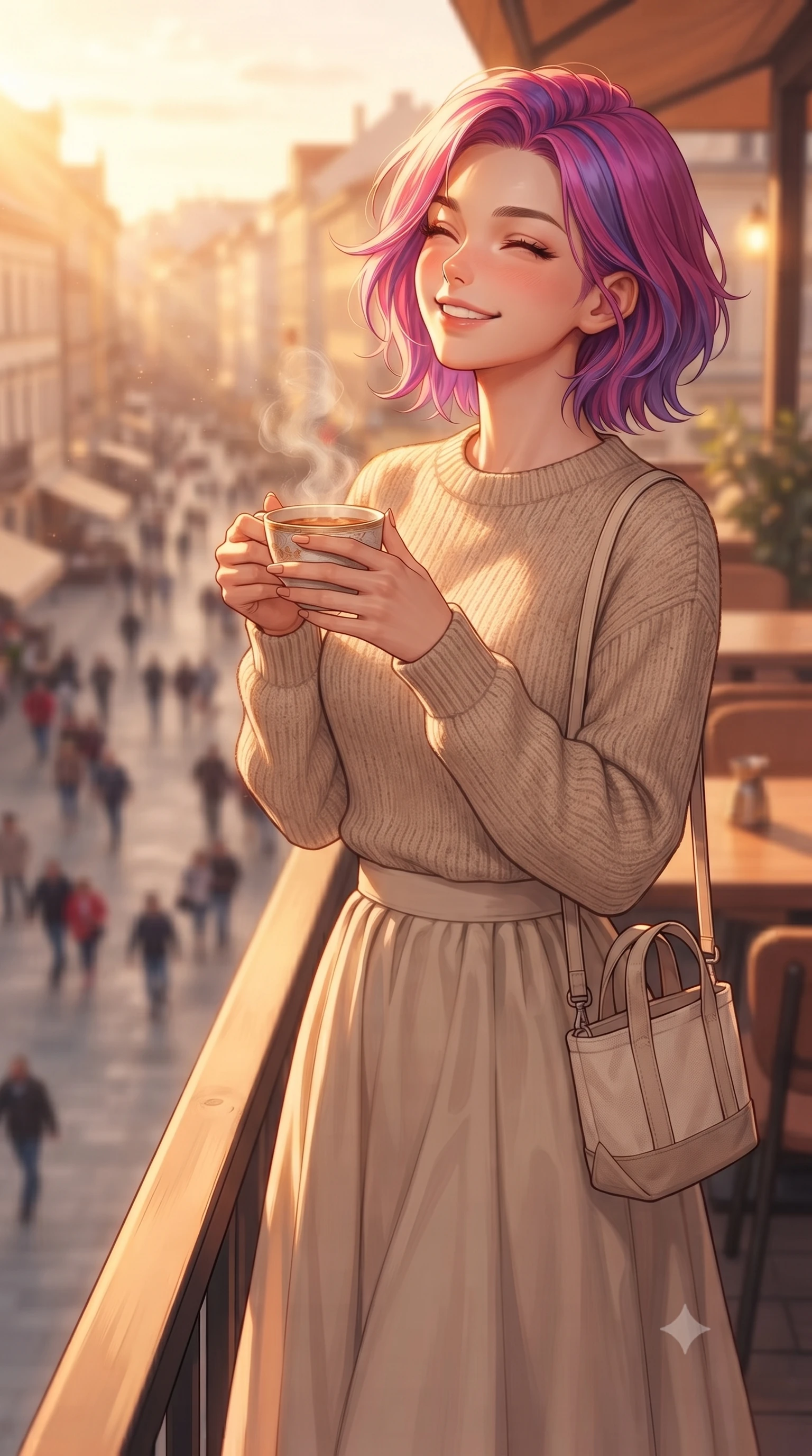 score_9, masterpiece, best quality, ultra-detailed, high-budget anime keyframe, editorial fashion photography, tasteful artistic composition, Caucasian woman. close-up cowboy shot from the waist and thighs up, the character dominates the composition, filling the frame with her large presence, background elements kept in soft focus. smiling happily with closed eyes, enjoying the warm sunbeams on her face set against a soft-focus background of on a rooftop cafe terrace overlooking a busy pedestrian street below holding a delicate ceramic cup of herbal tea with steam rising gently. She has an exceptionally elegant, slender, and willowy female figure with an ultra-slim waist, a gracefully sculpted slender torso, and a refined silhouette. sharp v-shaped jawline, high-bridge nose, intricate jewel-like eyes with depth, thick eyelashes, glossy lips with a natural sheen. wearing body-hugging cozy oatmeal knit sweater paired with a long cotton skirt and a small canvas tote bag. golden hour sunset rays painting the cozy interior in a warm orange wash. ultra-reflective glossy finish, specular highlights, metallic sheen, high-contrast stereoscopic depth, volumetric dynamic lighting, 2k, ultra detail, master piece, 9:16 ratio