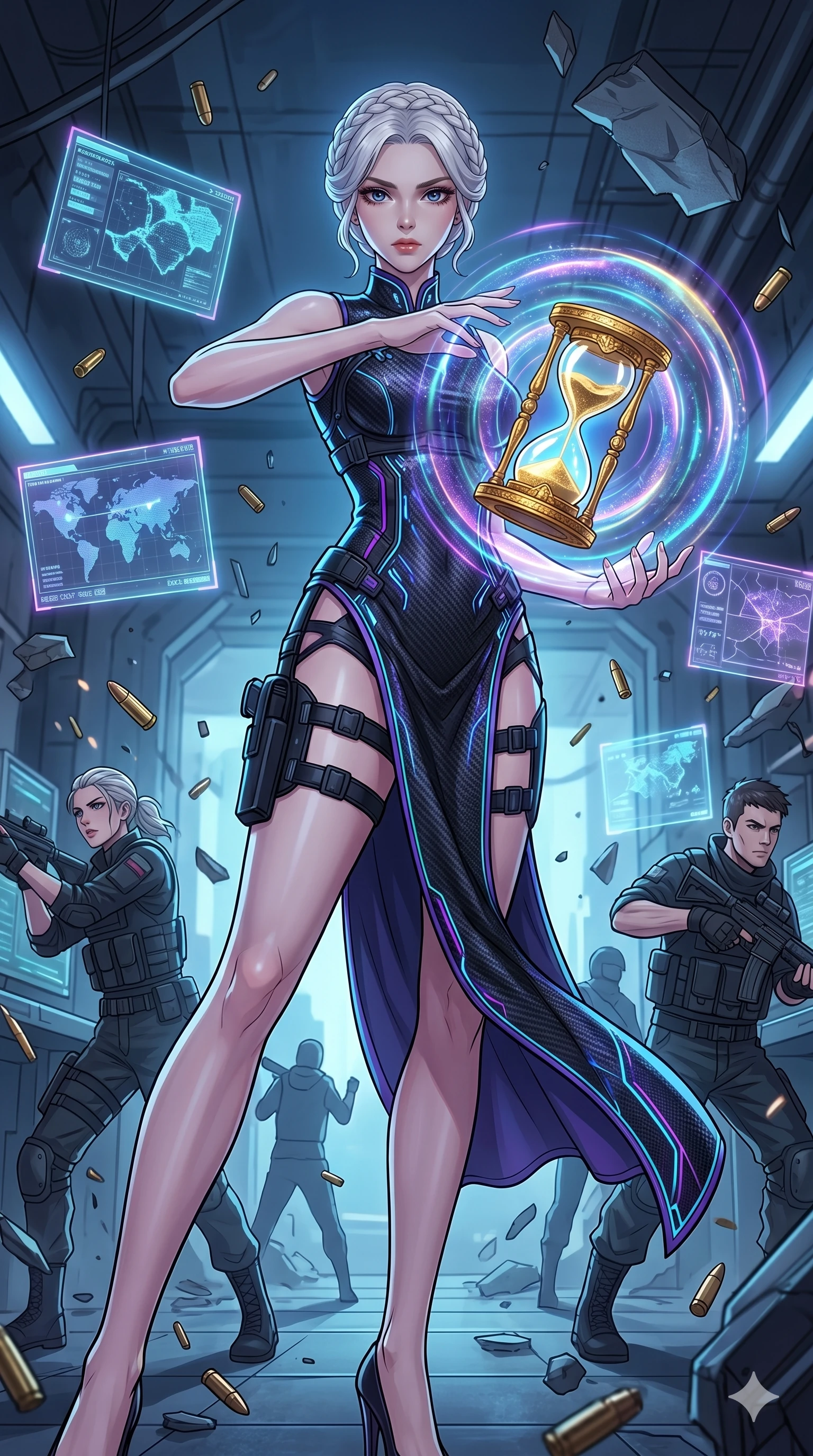 score_9, masterpiece, best quality, ultra-detailed, High-budget Anime Keyframe, vibrant colors, fluid line-art, expressive lighting, cinematic composition, Ufotable-style visual effects, top-tier animation quality, Japanese woman with delicate and elegant anime-inspired features. Cinematic low angle perspective showcasing her towering height and perfect 8-heads proportion. Controlling the flow of time itself with an ornate golden hourglass, the world around her slowing to a complete standstill. She has an absolutely perfect 8-heads proportion, an exceptionally tall and slender female figure with impossibly long slender legs and an ultra-slim waist, her statuesque height and towering silhouette dominating the vertical 9:16 frame. Her face is a masterpiece featuring a sharp v-shaped jawline, high-bridge nose, intricate jewel-like eyes with depth, thick eyelashes, and glossy lips with a natural sheen. She is wearing a Cyberpunk neon-lit qipao with a dangerous high slit and intricate digital embroidery crafted from Carbon-fiber weave with a high-tech matte finish and integrated glowing filaments, with integrated neon-lit tactical gear and suggestive cutouts on the thighs. The scene is set in an underground rebel bunker with flickering holographic screens and tactical maps, illuminated by dynamic strobe effects that capture her movement in a series of sharp fragments. 2k, ultra detail, master piece, 9:16 ratio