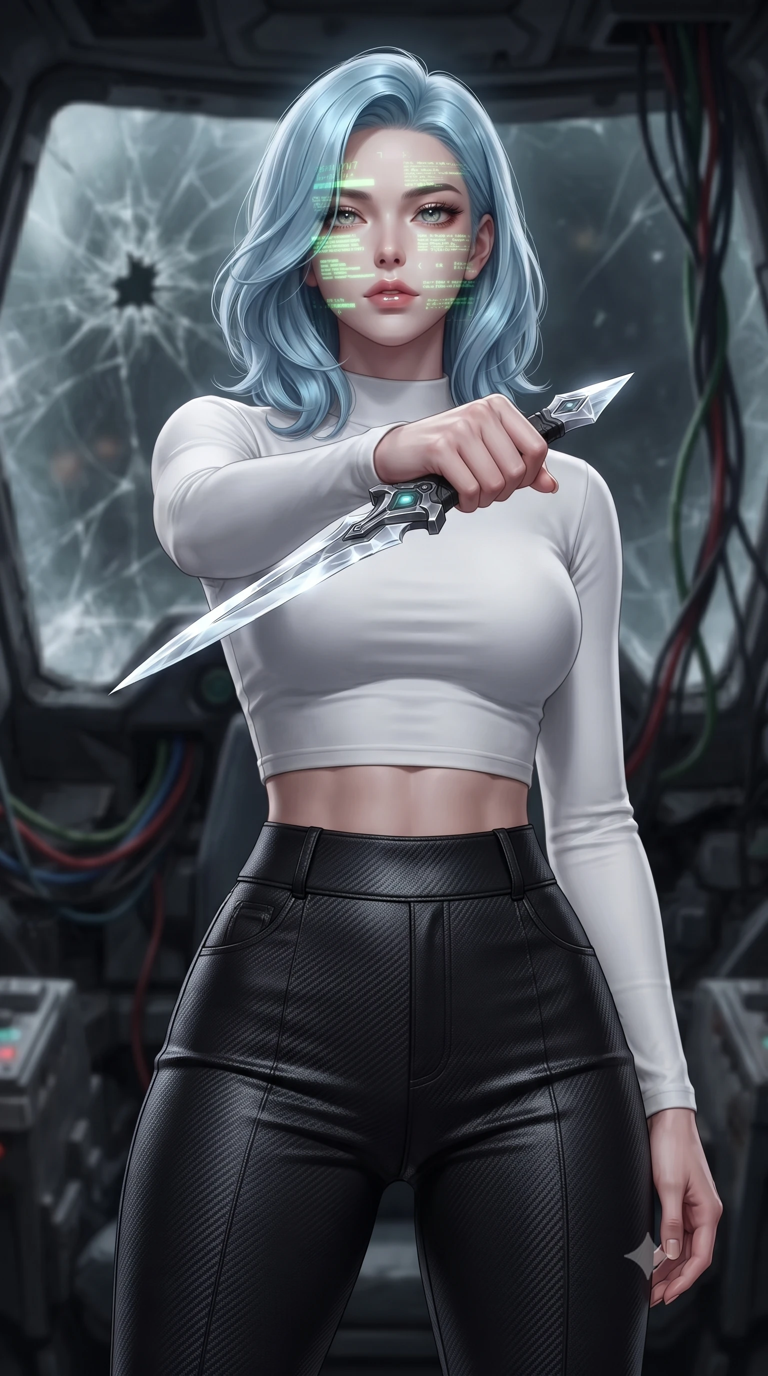 score_9, masterpiece, best quality, ultra-detailed, high-budget anime keyframe, editorial fashion photography, tasteful artistic composition, Korean woman. close-up cowboy shot from the waist and thighs up, the character dominates the composition, filling the frame with her large presence, background elements kept in soft focus. pointing a crystal-edged laser dagger forward in a defensive stance, tilting her chin up slightly with lips parted in a composed pose, the background shows a soft-focus the cockpit of a crashed colossal mech with cracked glass and exposed wire bundles. She has an exceptionally elegant, slender, and willowy female figure with an ultra-slim waist, a gracefully sculpted slender torso, and a refined silhouette. sharp v-shaped jawline, high-bridge nose, intricate jewel-like eyes with depth, thick eyelashes, glossy lips with a natural sheen. wearing a body-hugging body-hugging long-sleeve tactical crop top in pure white, paired with high-waisted black carbon-weave skinny pants. flickering green cockpit telemetry lights projecting code lines on her face. ultra-reflective glossy finish, specular highlights, metallic sheen, high-contrast stereoscopic depth, volumetric dynamic lighting, 2k, ultra detail, master piece, 9:16 ratio