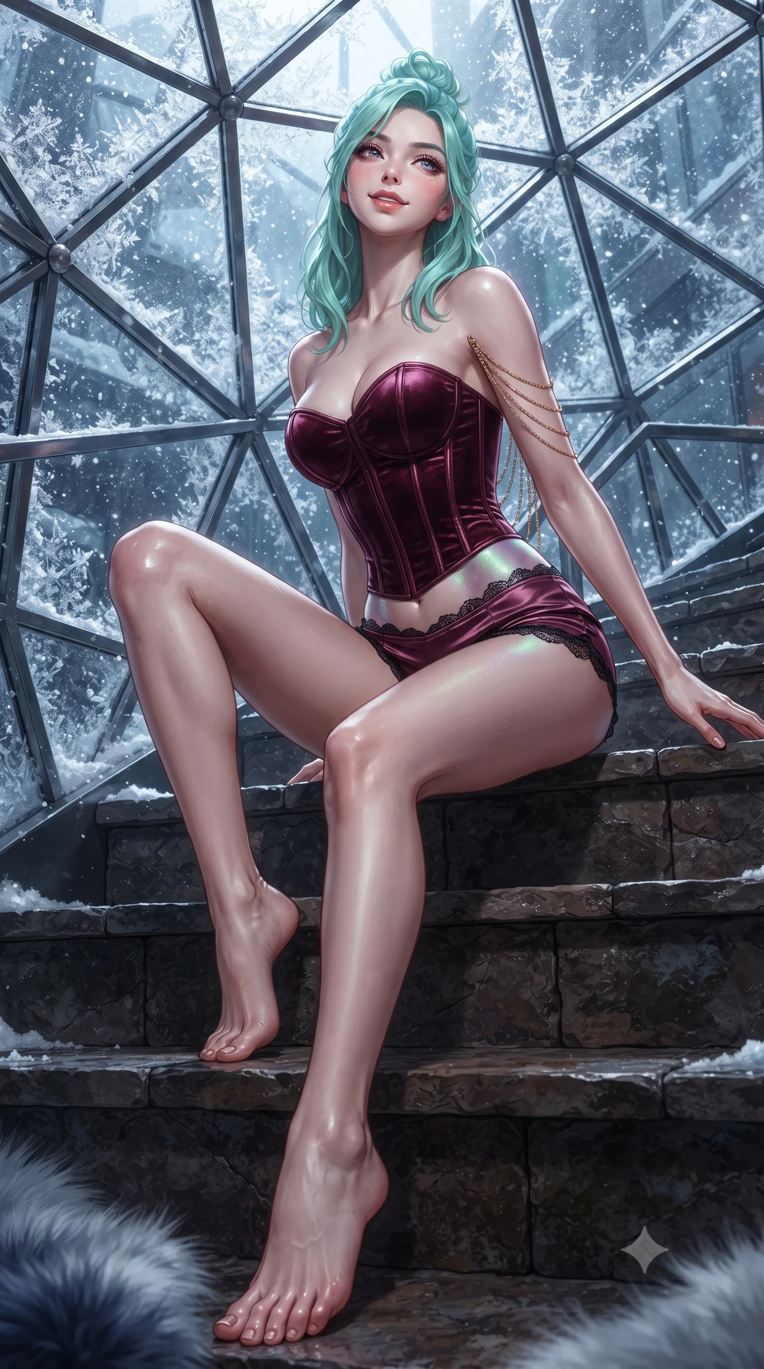 score_9, masterpiece, best quality, ultra-detailed, high-budget anime keyframe, editorial fashion photography, tasteful artistic composition, Japanese woman. low angle full-body shot from head to toe showing her feet, filling the entire 9:16 vertical frame with her statuesque presence, stretching her vertical silhouette. sitting poised on the stone steps with one knee bent, arching her spine with supermodel elegance as she glances upward through thick eyelashes while twisting her slender torso in an alluring contrapposto stance, shimmering emerald and amethyst celestial light reflecting off her narrow waist and curvy hips. The surrounding environment is rendered in vivid detail and crisp panoramic clarity: sharp geodesic steel frame nodes, snow crystal facets clinging to heated exterior glass panes, and plush polar faux-fur fibers in deep focus. She has an absolutely perfect, statuesque 8.5-heads proportion, an exceptionally tall and slender model-like female figure with impossibly long slender legs, an ultra-slim waist, a flat toned midriff, narrow delicate ribcage, and beautifully sculpted feminine hips creating a graceful, slim hourglass silhouette without any bulky heaviness. sharp v-shaped jawline, high-bridge nose, sparkling eyes with hypnotic seductive depth, thick curled eyelashes, glossy parted lips with a natural dewy peach sheen, alluring bedroom-eyes with an enchanting coquettish smile, exuding magnetic siren charisma and sophisticated glamour, flawlessly proportioned anatomical accuracy, strict slender model proportions, natural body alignment, perfectly sculpted long slender limbs, ultra-slim waistline, clean dynamic posture without body distortion. wearing a strapless boned satin corset bodice paired with low-waisted tailored satin hot-pants in deep bordeaux velvet and delicate black chantilly, woven from buttery-soft stretch lambskin leather adhering to her body like a second skin, accented with an open-back drape framed by falling strands of delicate gold chains, the second-skin tailored fabric adhering flawlessly to her sculpted flat midriff and slender torso, emphasizing her long leg lines and perfectly proportioned willowy build. illuminated by snowy ground reflection fill and sharp icy-platinum rim lights defining her razor-sharp jawline, narrow waist, and curvy hips. ultra-reflective glossy finish, specular highlights, rich textural contrasts, high-contrast stereoscopic depth, volumetric dynamic lighting, 2k, ultra detail, master piece, 9:16 ratio