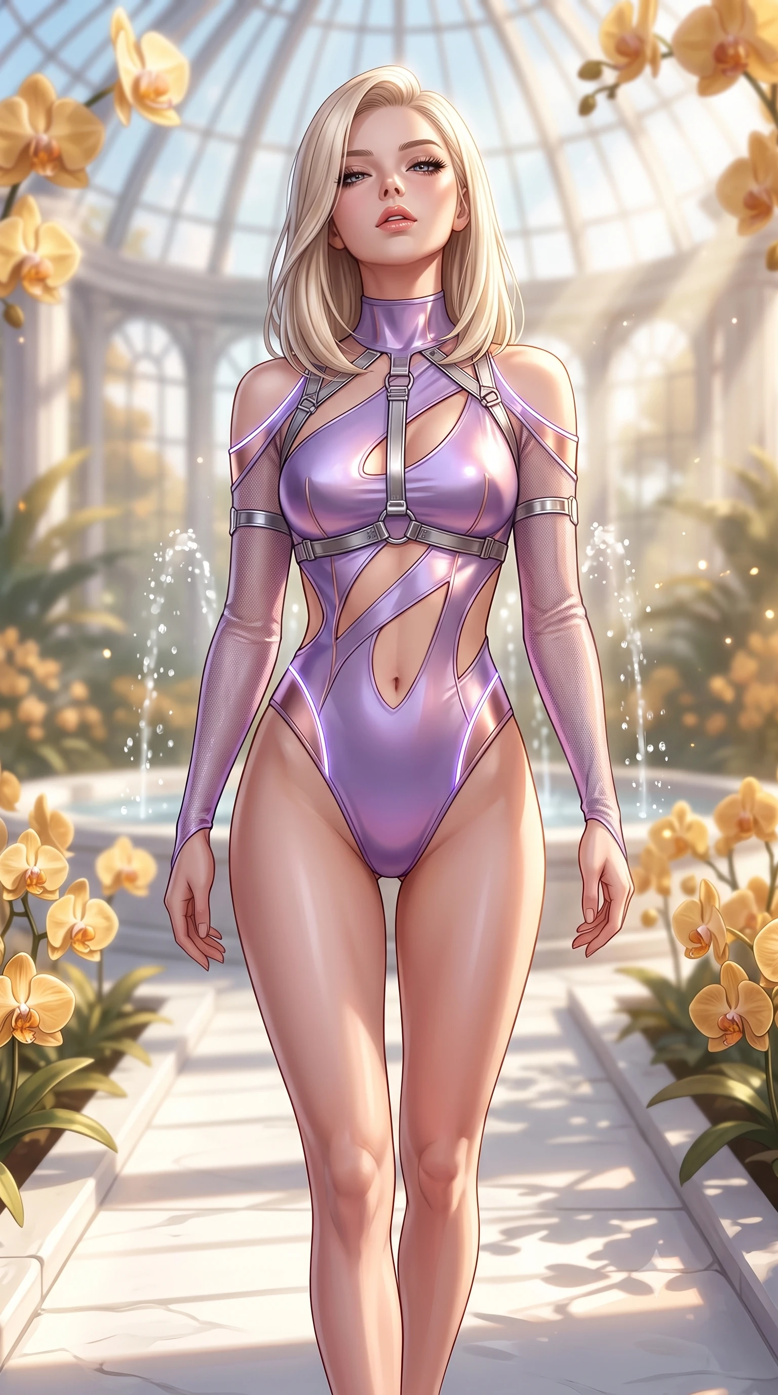 score_9, masterpiece, best quality, ultra-detailed, high-budget anime keyframe, semi-realistic 3D game render, editorial fashion photography, tasteful artistic composition, Caucasian woman. close-up cowboy shot from the waist and thighs up, the character dominates the composition, filling the frame with her large presence. tilting her head back with a sensual alluring expression, exposing her throat and shoulders to the camera with heavy lashes and softly parted glossy lips while walking gracefully along a sunlit white stone aisle in a grand crystal conservatory surrounded by golden orchids. The composition keeps background elements in soft focus with creamy bokeh. streaming sunbeams and fountain water droplets softened in a dreamy, warm depth of field. She has an exceptionally elegant, slender, and willowy female figure with an ultra-slim waist, a gracefully sculpted slender torso, toned flat midriff, and a refined slim silhouette. sharp v-shaped jawline, high-bridge nose, intricate jewel-like eyes with depth, thick eyelashes, glossy lips with a natural sheen, flawlessly proportioned anatomical accuracy, strict slender model proportions, natural body alignment, perfectly sculpted long slender limbs, ultra-slim waistline, clean dynamic posture without body distortion. wearing an ultra-sleek high-cut tech-bodysuit featuring dangerous diagonal slitted cutouts on the midriff and shoulders, reinforced by a metallic silver harness and sheer mesh sleeves in luminous lavender violet and rose gold, made of liquid metal jersey that clings flawlessly to every contour of her build, accented with glowing fiber-optic seams tracing her collarbones and hip curves, the precision-cut daring openings accentuating her delicate midriff, graceful bare collarbones, and ultra-slim feminine waistline. surrounded by a bright, pristine, and captivatingly fresh botanical sanctuary atmosphere. highly saturated vibrant anime colors, detailed shading with soft gradients, rich glossy textures, high-contrast stereoscopic depth, volumetric dynamic lighting, master piece, 9:16 ratio