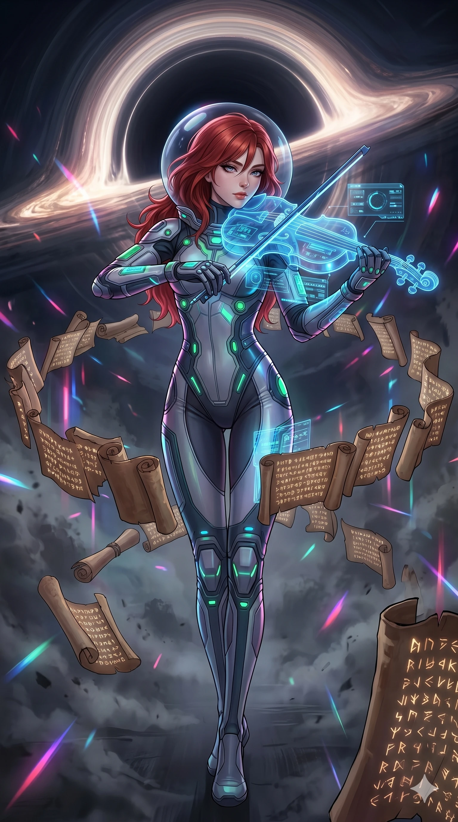 score_9, masterpiece, best quality, ultra-detailed, Set A: High-budget Anime Keyframe, Japanese woman. Low angle cowboy shot filling the entire 9:16 frame with her statuesque presence. Theme: Urban Decay. playing a holographic violin in the edge of a black hole, surrounded by a whirlwind of 73 floating ancient scrolls. The atmosphere is filled with heavy smog with neon flares. She has an absolutely perfect 8-heads proportion, an exceptionally tall and slender female figure with impossibly long slender legs and an ultra-slim waist. Sharp v-shaped jawline, high-bridge nose, intricate jewel-like eyes with depth, glossy lips. Wearing Deep-space explorer suit with transparent helmet-hood and glowing bio-sensors. Cinematic lighting, vivid colors, dramatic shadows, 2k, ultra detail, master piece, 9:16 ratio